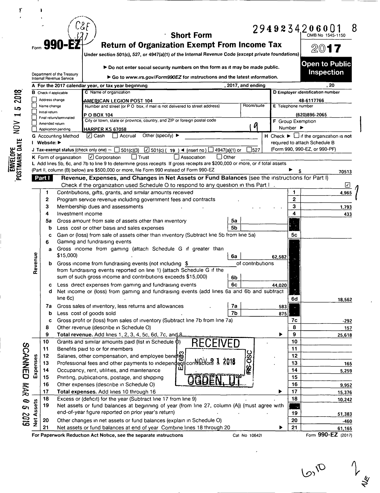 Image of first page of 2017 Form 990EO for American Legion - Post 104 Jeff Long