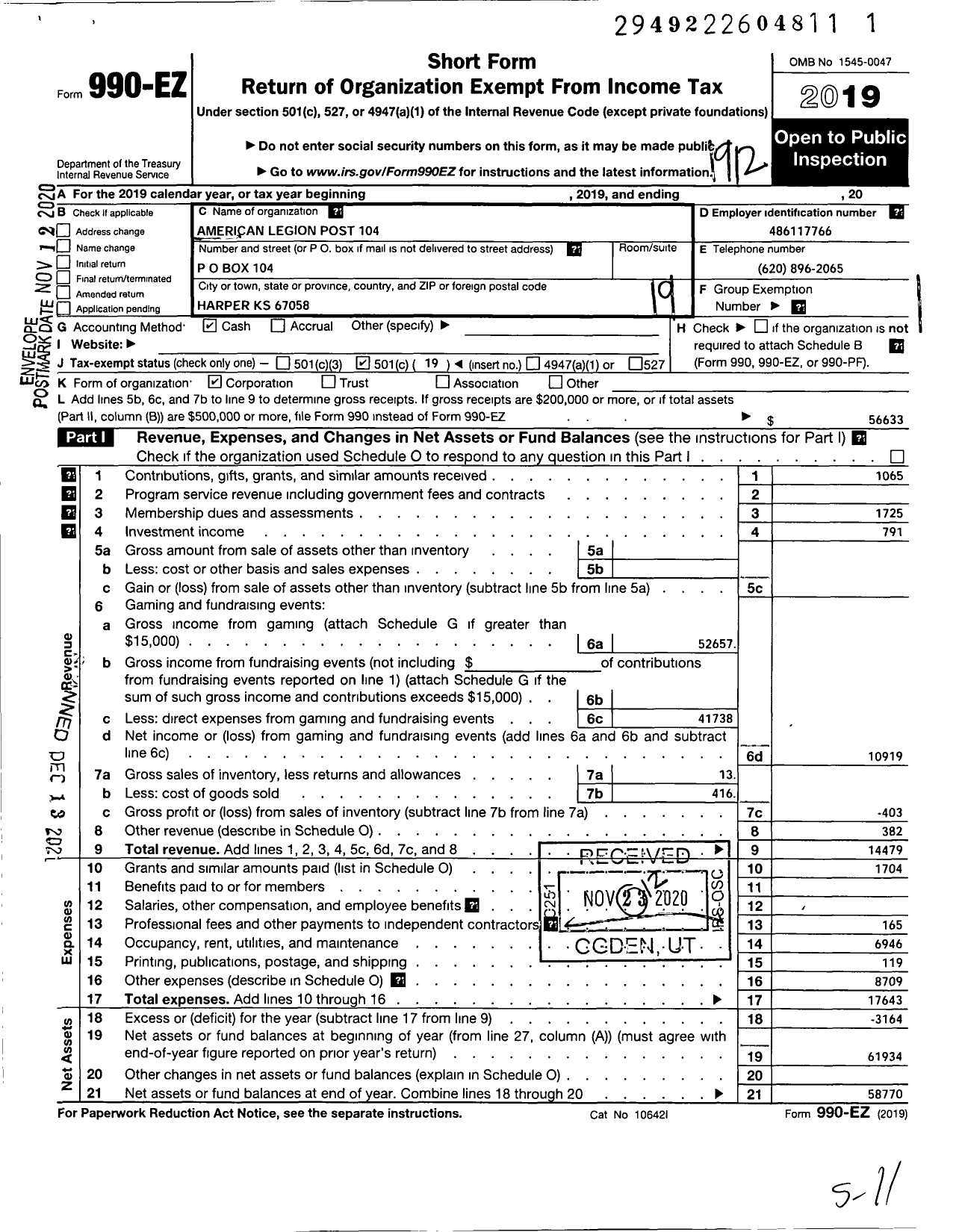 Image of first page of 2019 Form 990EO for American Legion - Post 104 Jeff Long