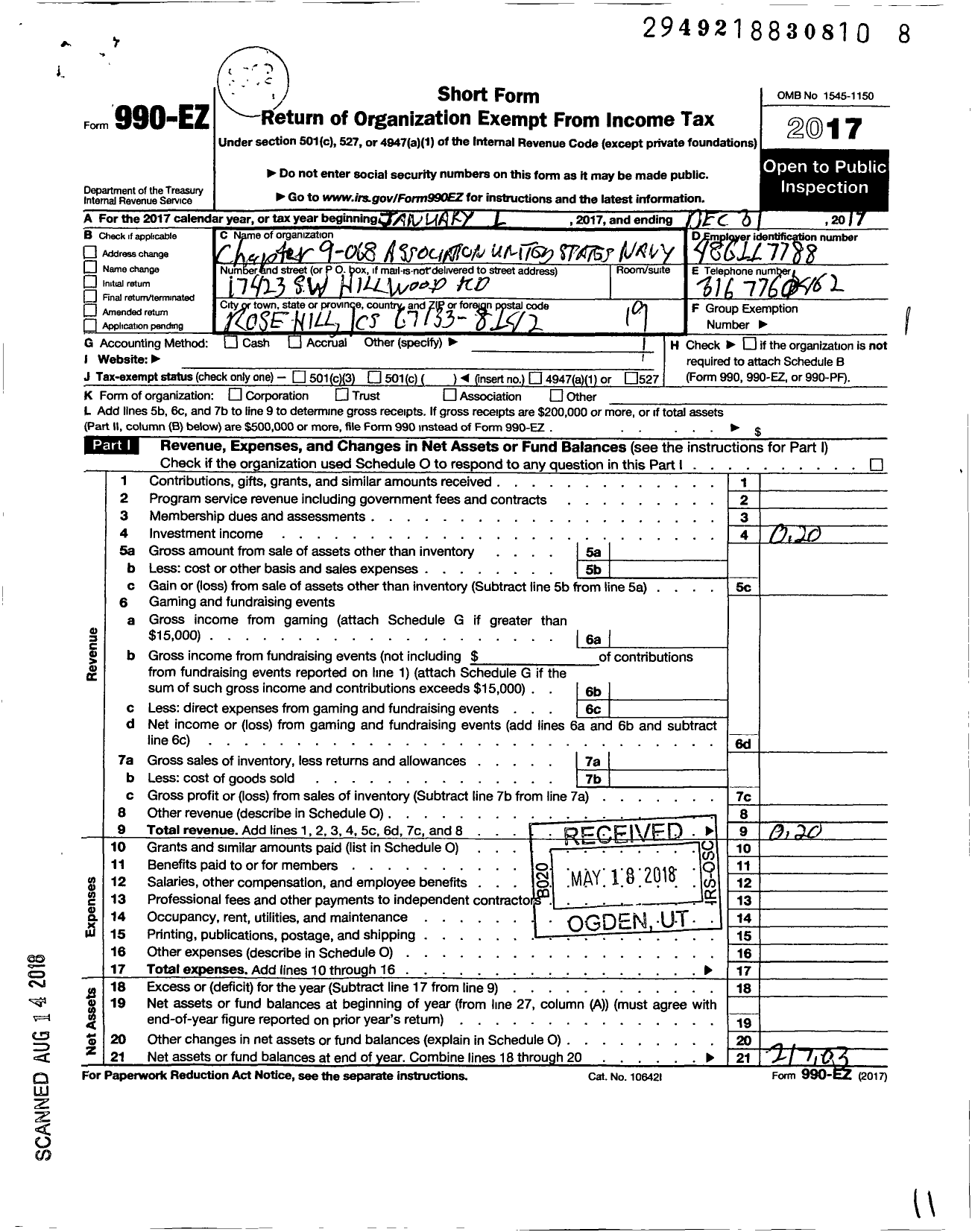 Image of first page of 2017 Form 990EO for Association of the United States Navy / 9-068 Midway USA