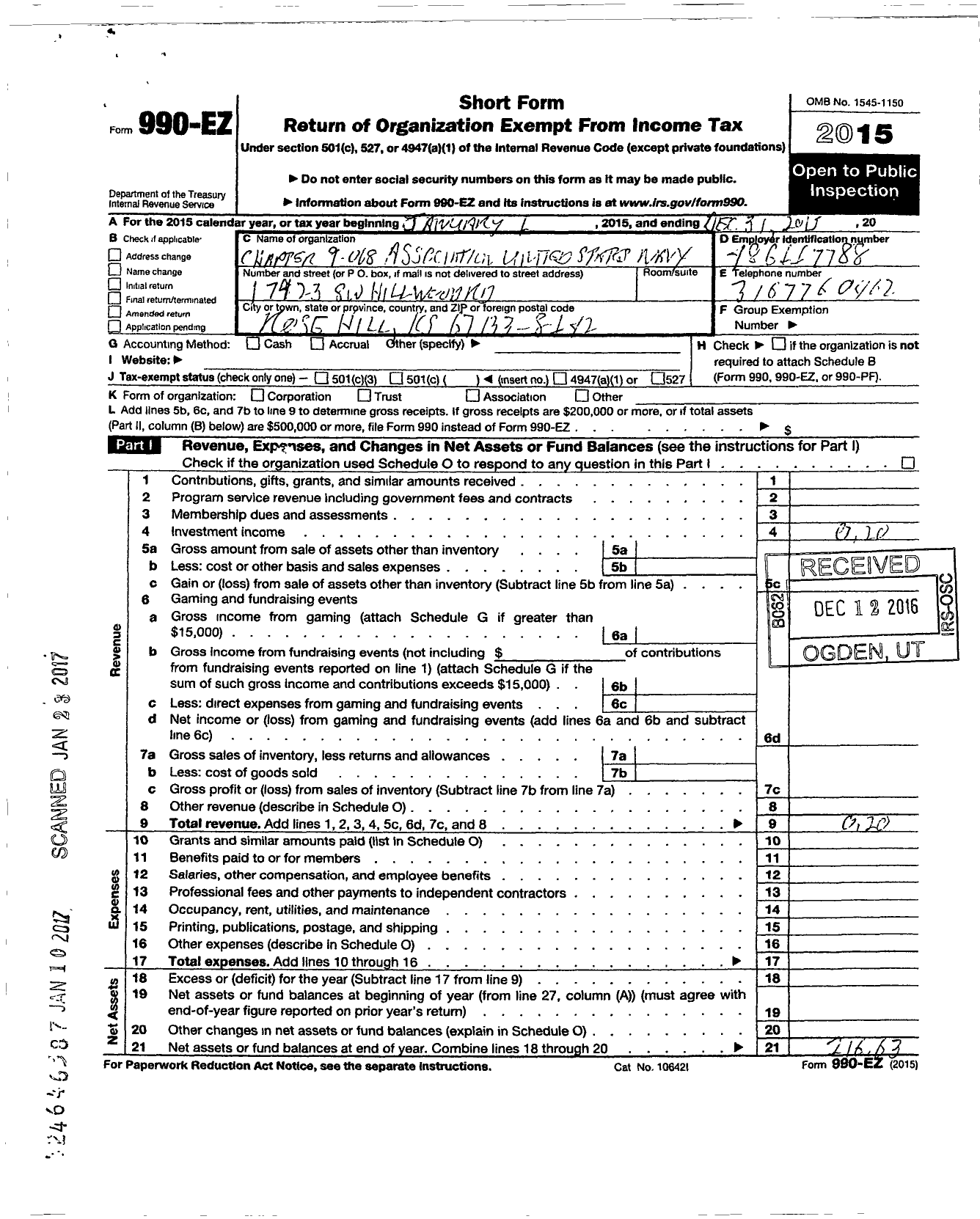 Image of first page of 2015 Form 990EO for Association of the United States Navy / 9-068 Midway USA