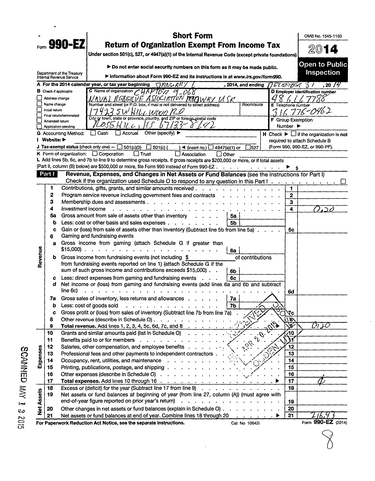 Image of first page of 2014 Form 990EO for Association of the United States Navy / 9-068 Midway USA