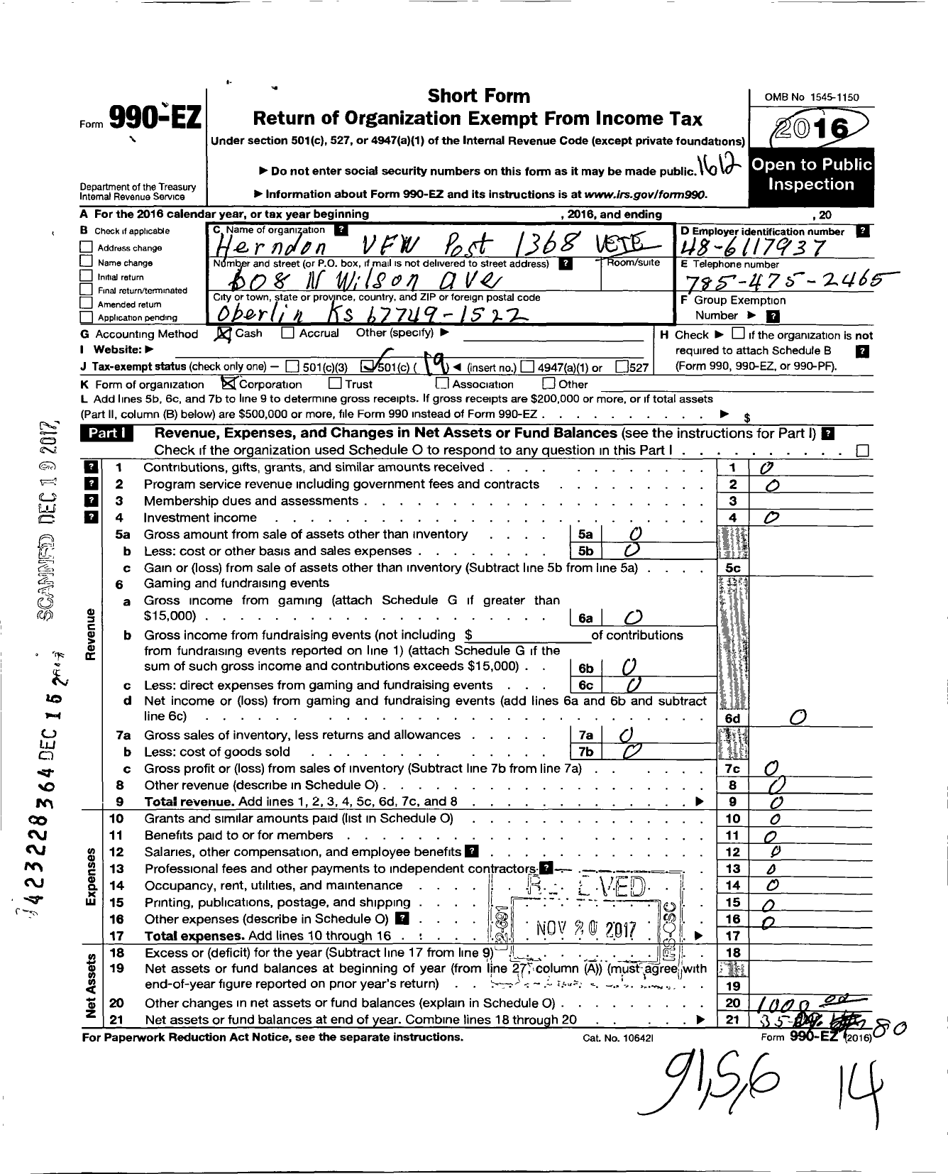 Image of first page of 2016 Form 990EO for Veterans of Foreign Wars of the United States Dept of Kansas - 1368 Rawlings Boys