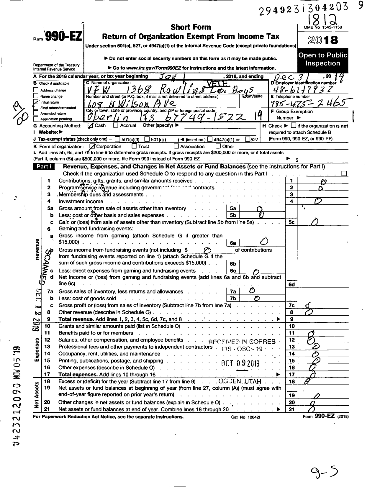 Image of first page of 2019 Form 990EO for Veterans of Foreign Wars of the United States Dept of Kansas - 1368 Rawlings Boys