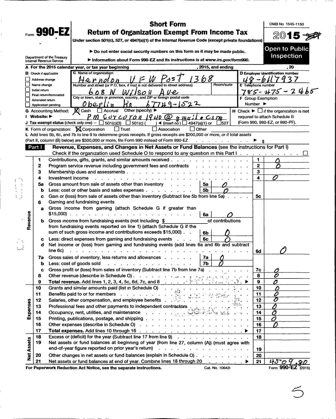 Image of first page of 2015 Form 990EO for Veterans of Foreign Wars of the United States Dept of Kansas - 1368 Rawlings Boys