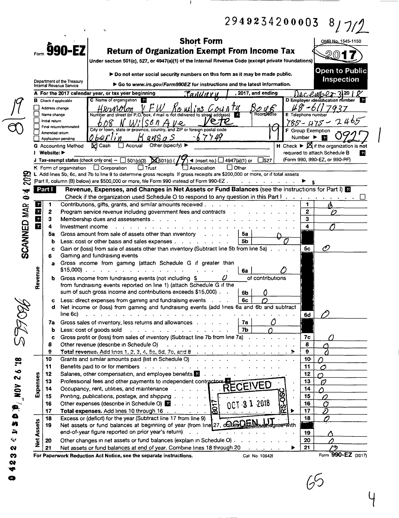 Image of first page of 2017 Form 990EO for Veterans of Foreign Wars of the United States Dept of Kansas - 1368 Rawlings Boys