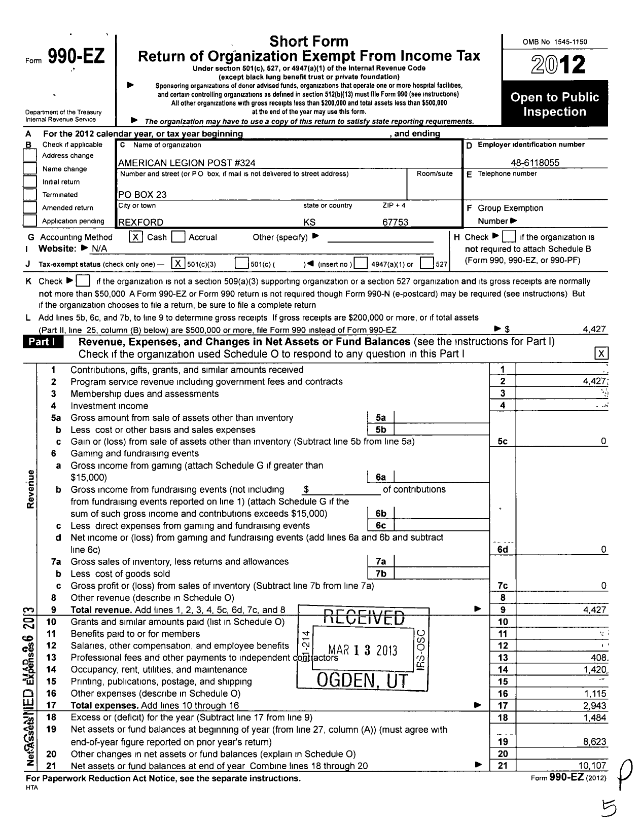 Image of first page of 2012 Form 990EZ for American Legion - 324 Christy E Wilson