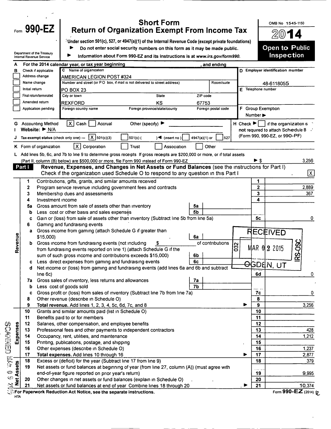 Image of first page of 2014 Form 990EZ for American Legion - 324 Christy E Wilson