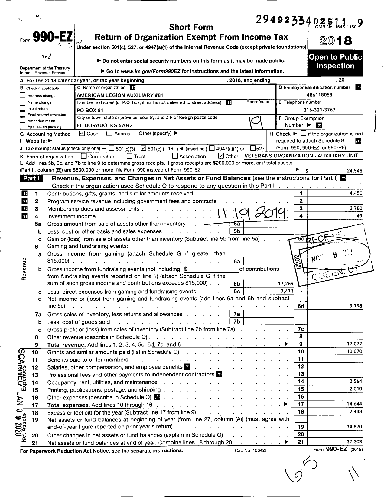 Image of first page of 2018 Form 990EO for American Legion Auxiliary - 81 Capt Edgar Dale