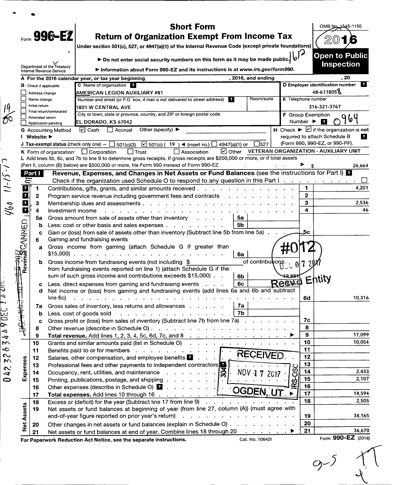 Image of first page of 2016 Form 990EO for American Legion Auxiliary - 81 Capt Edgar Dale