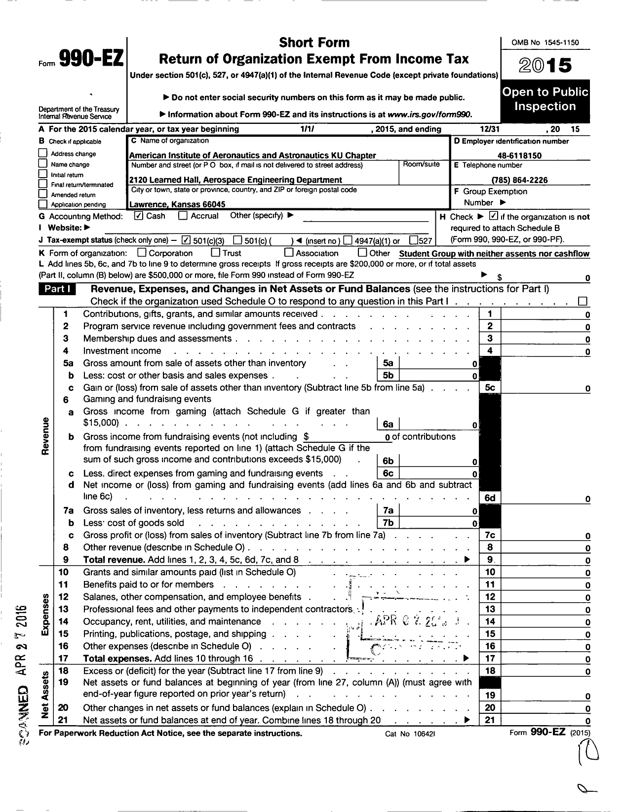 Image of first page of 2015 Form 990EZ for American Institute of Aeronautics and Astronautics / U of KS Student Branch