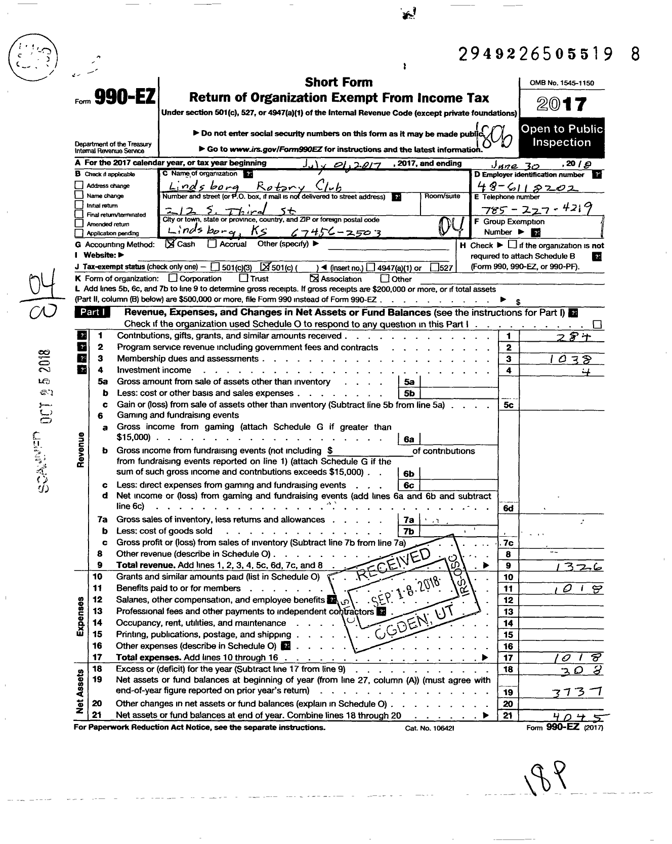 Image of first page of 2017 Form 990EO for Rotary International - Lindsborg Rotary Club