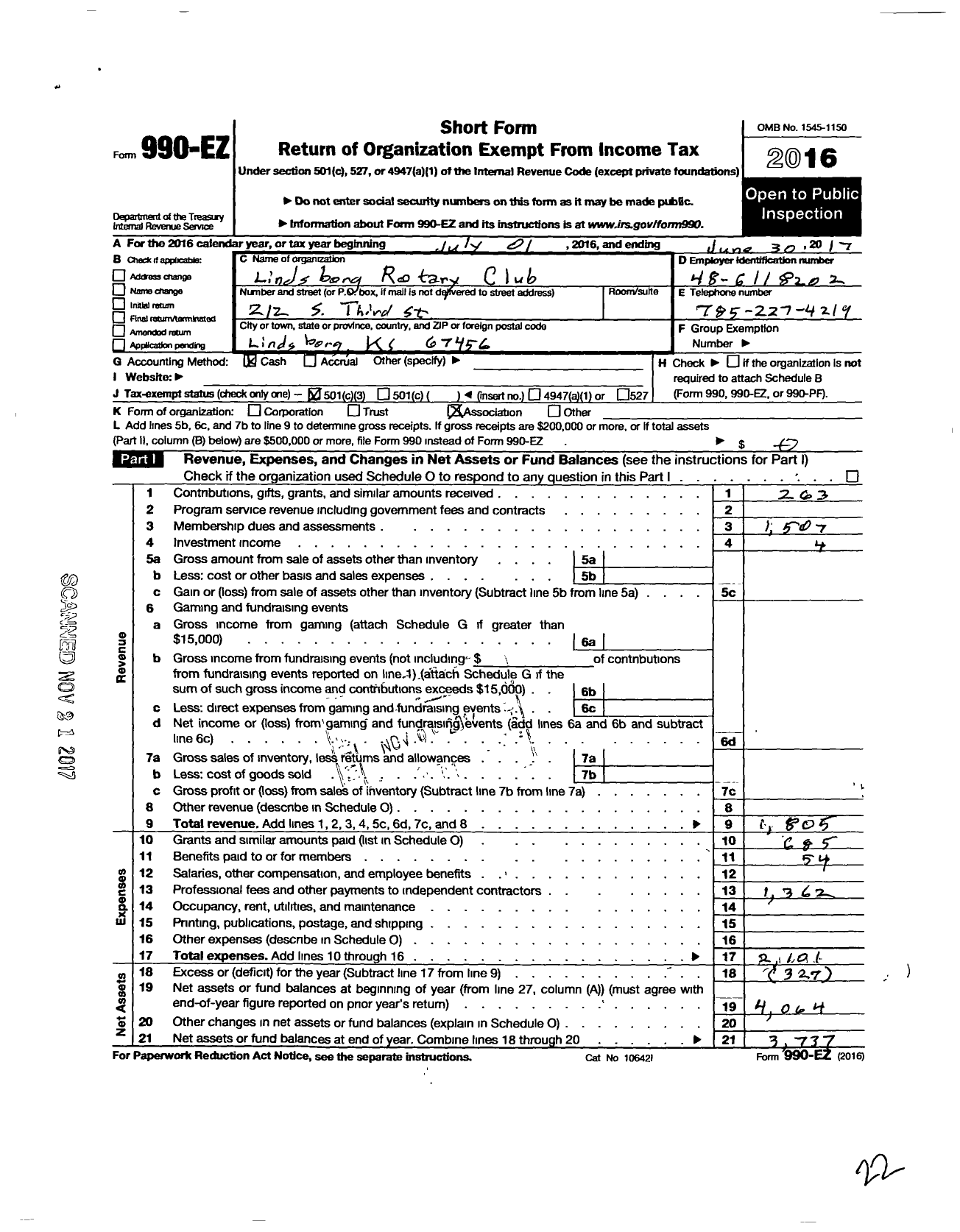 Image of first page of 2016 Form 990EZ for Rotary International - Lindsborg Rotary Club