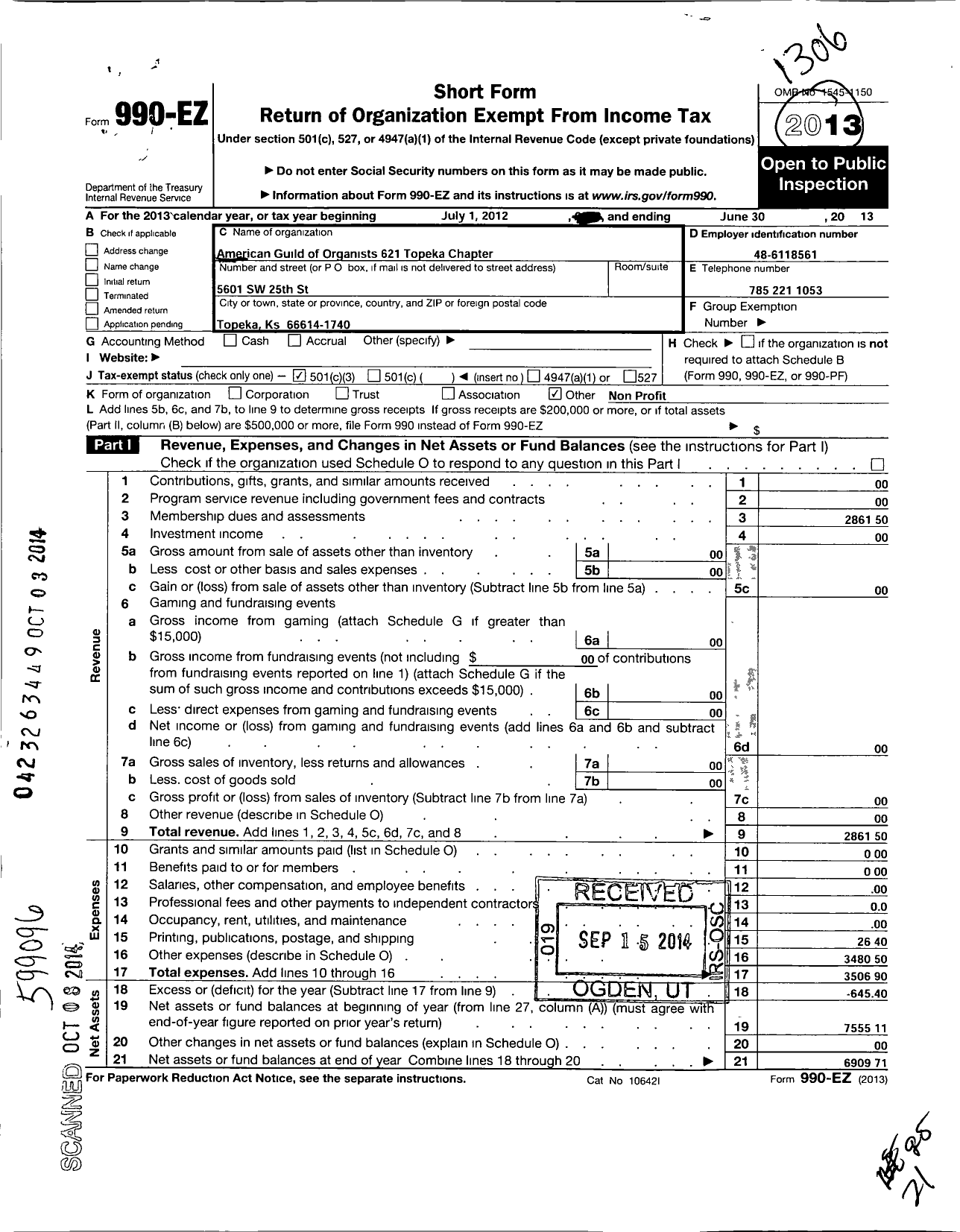 Image of first page of 2012 Form 990EZ for American Guild of Organists - 621 Topeka Chapter