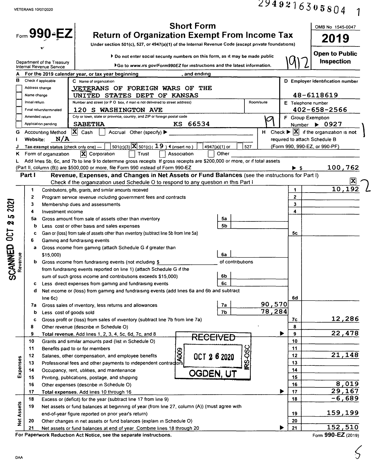 Image of first page of 2019 Form 990EO for Veterans of Foreign Wars of the United States Dept of Kansas - 7285 Sabetha Memorial