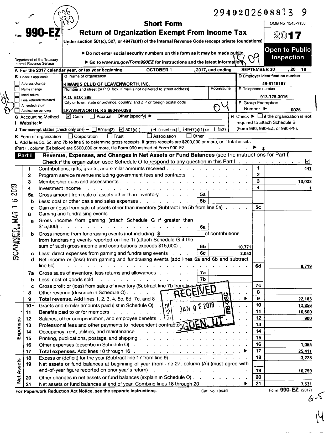 Image of first page of 2017 Form 990EO for Kiwanis International - K00538 Leavenworth