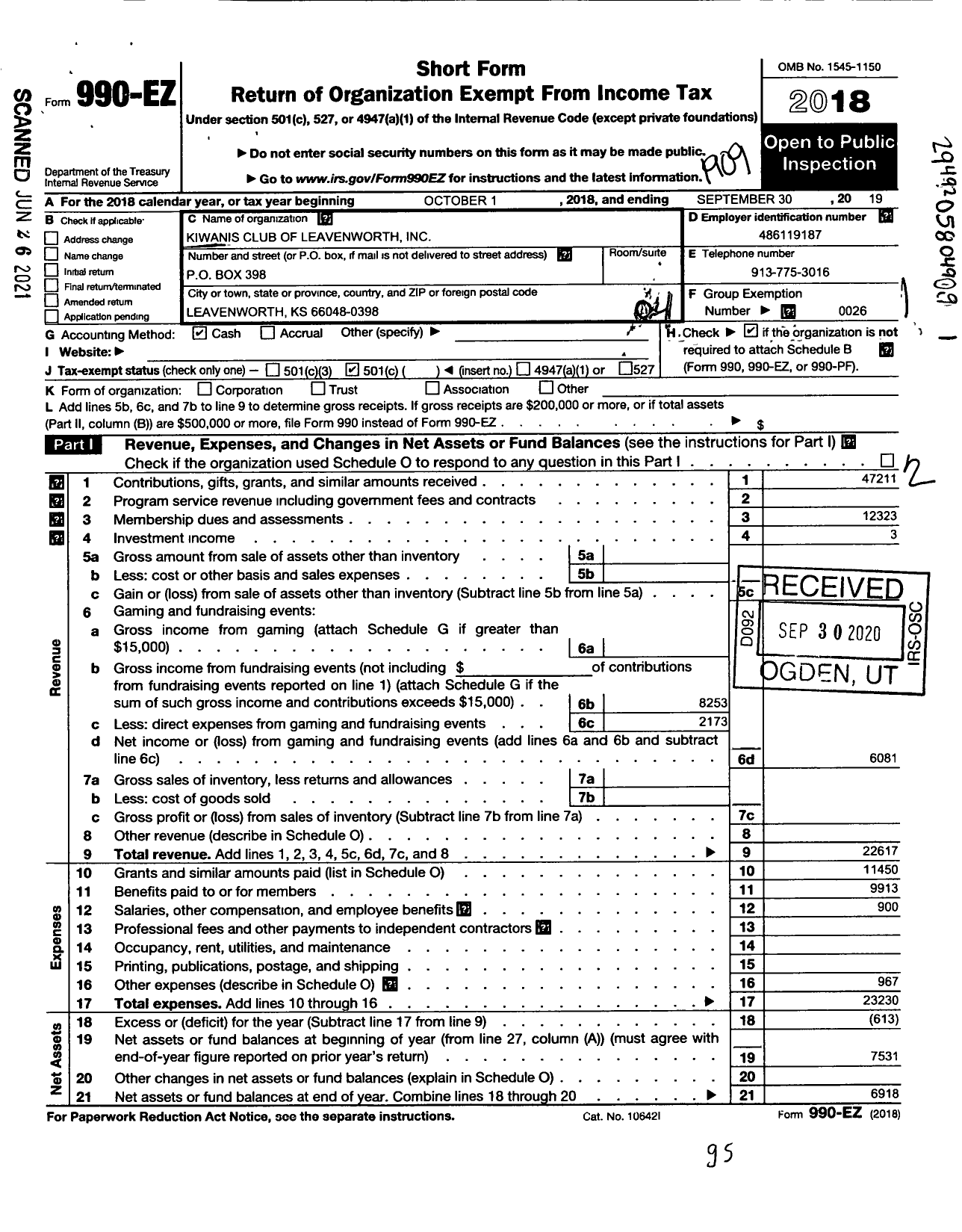 Image of first page of 2018 Form 990EO for Kiwanis International - K00538 Leavenworth