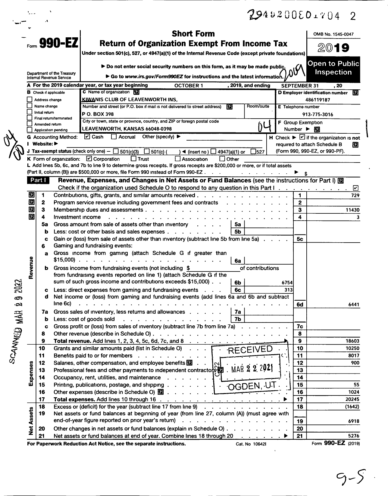 Image of first page of 2019 Form 990EO for Kiwanis International - K00538 Leavenworth