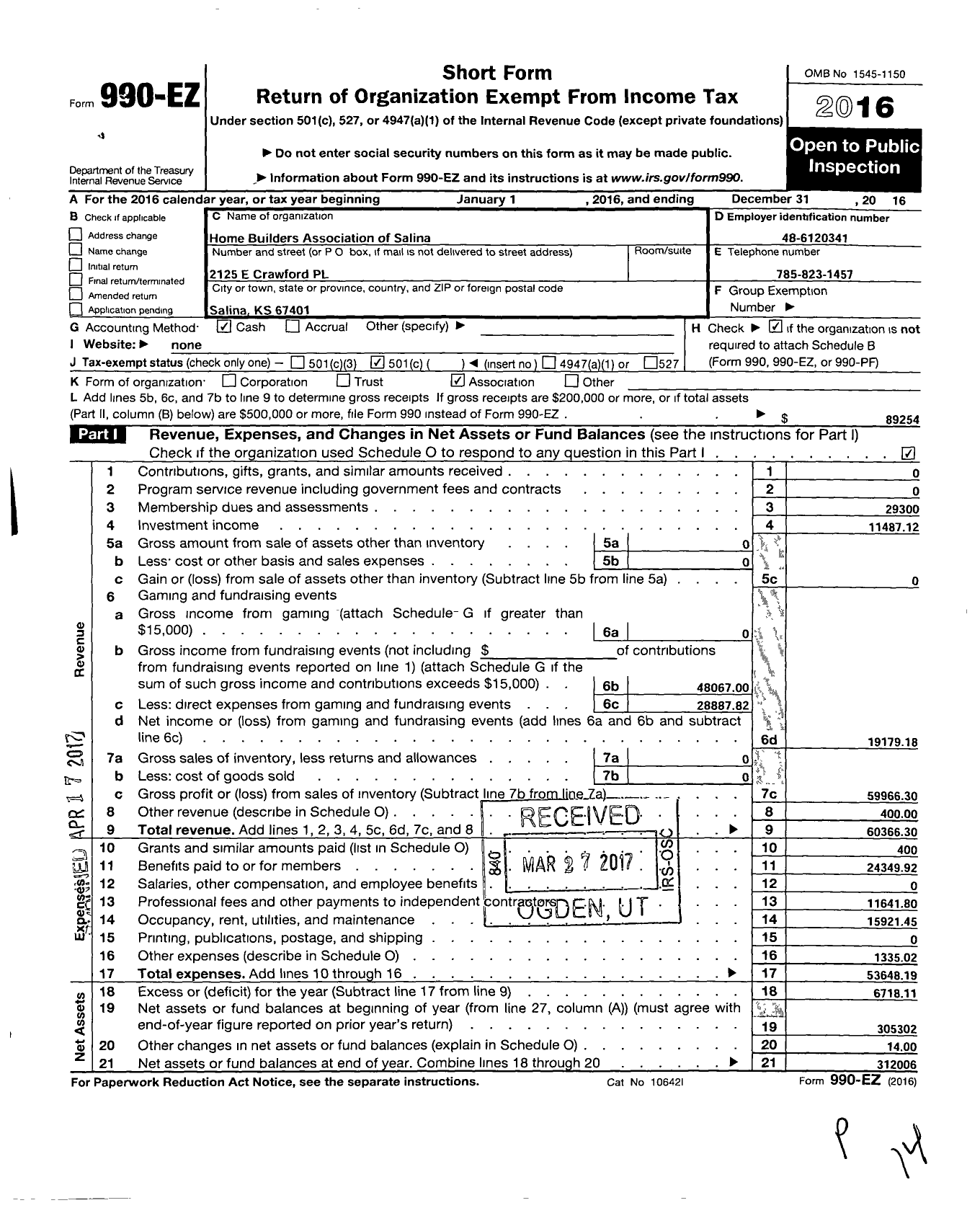 Image of first page of 2016 Form 990EO for Home Builders Association of Salina
