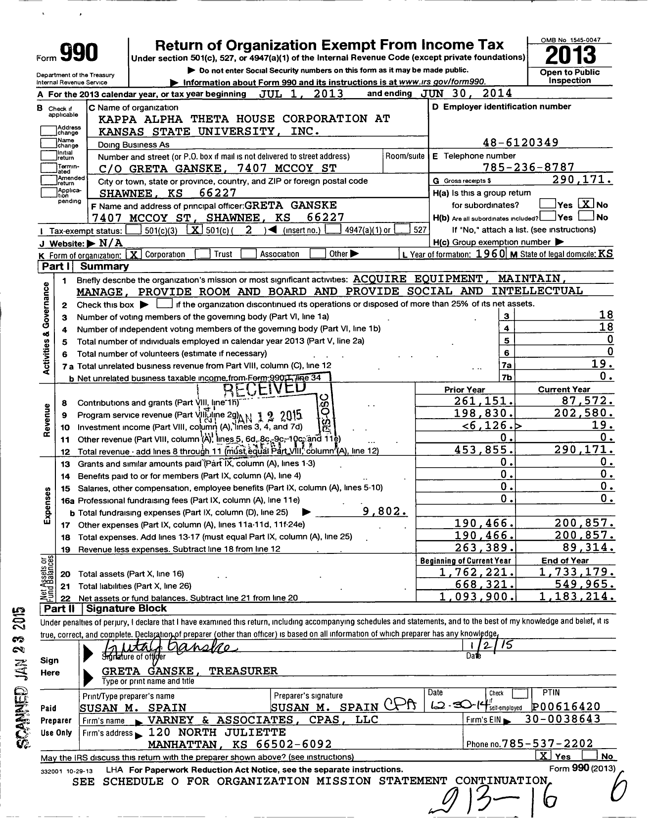 Image of first page of 2013 Form 990O for Kappa Alpha Theta House Corporation at Kansas State University