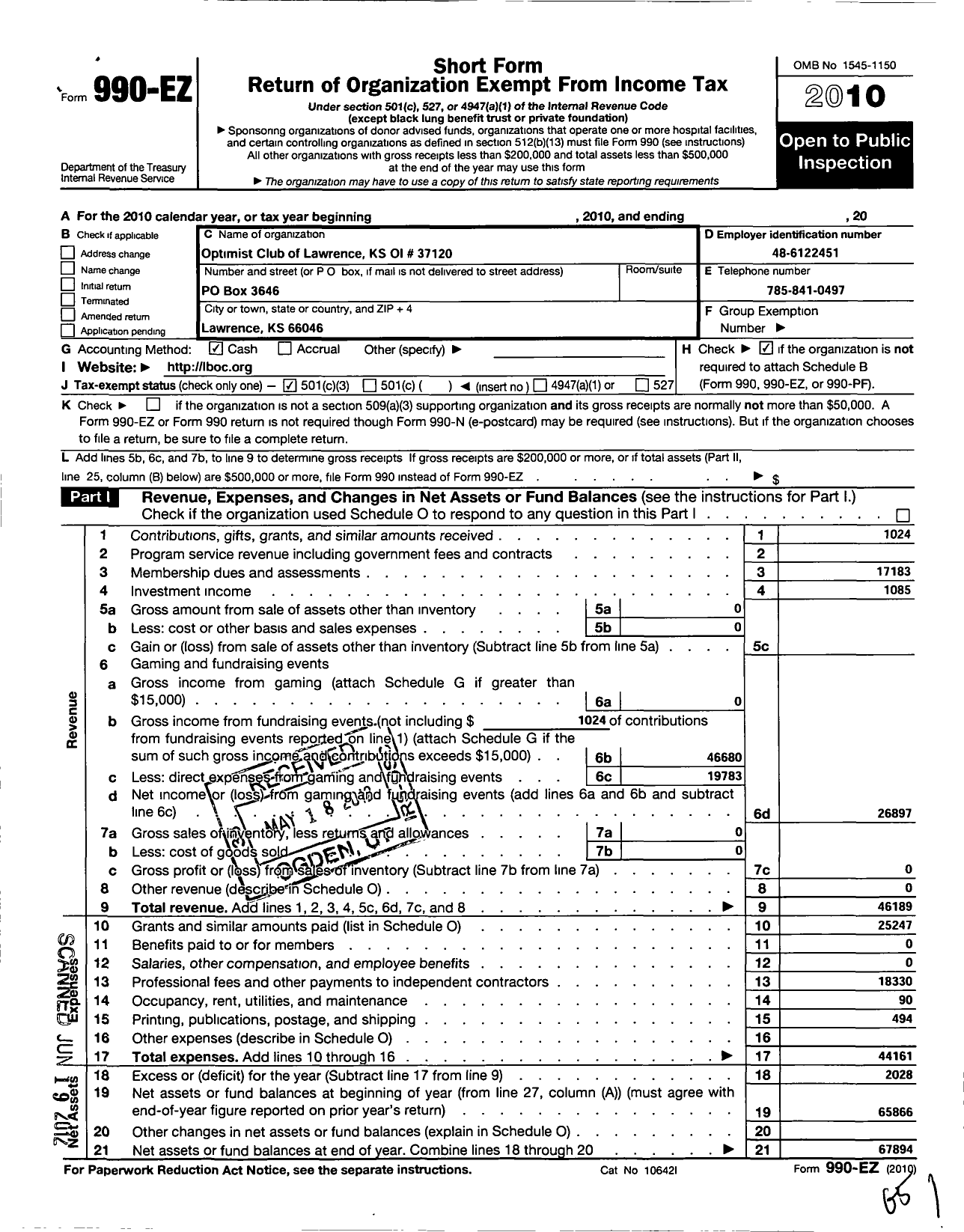 Image of first page of 2010 Form 990EZ for Optimist International - 37120 Oc of Lawrence KS