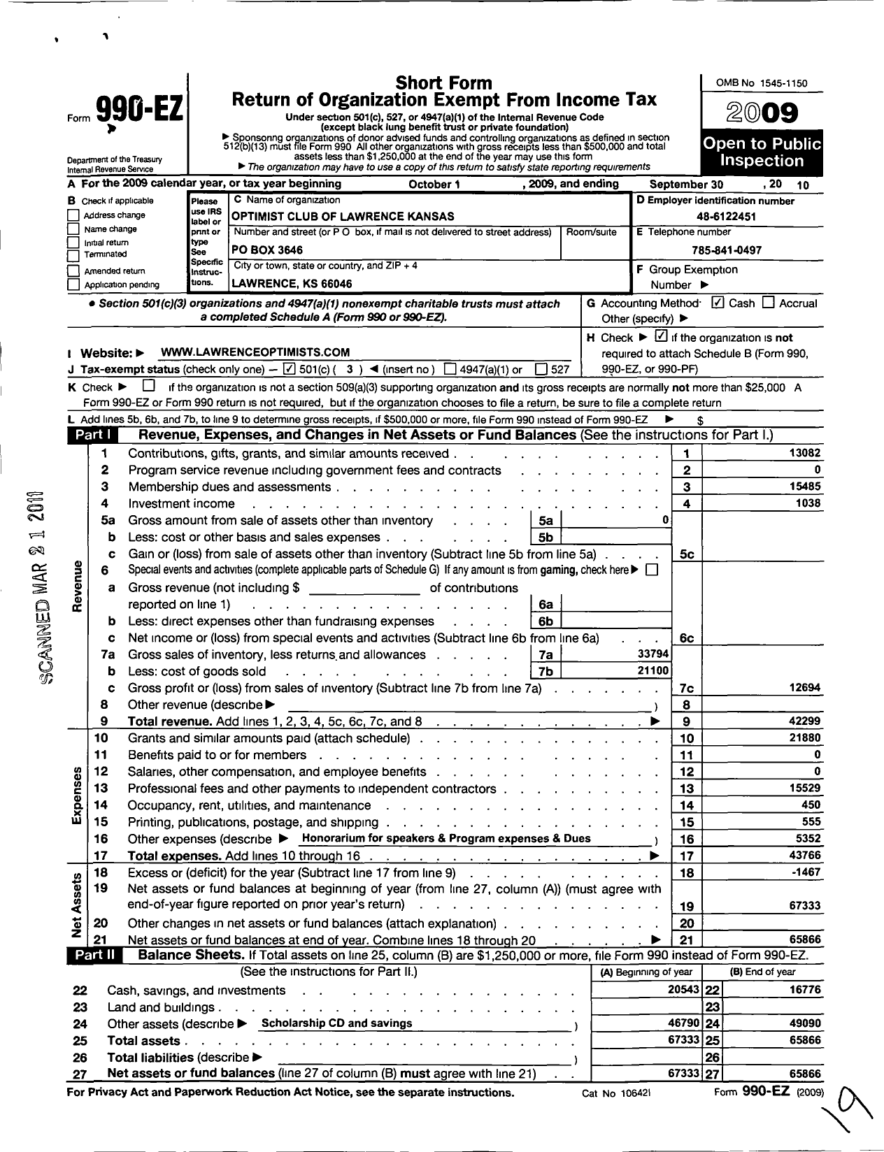 Image of first page of 2009 Form 990EZ for Optimist International - 37120 Oc of Lawrence KS