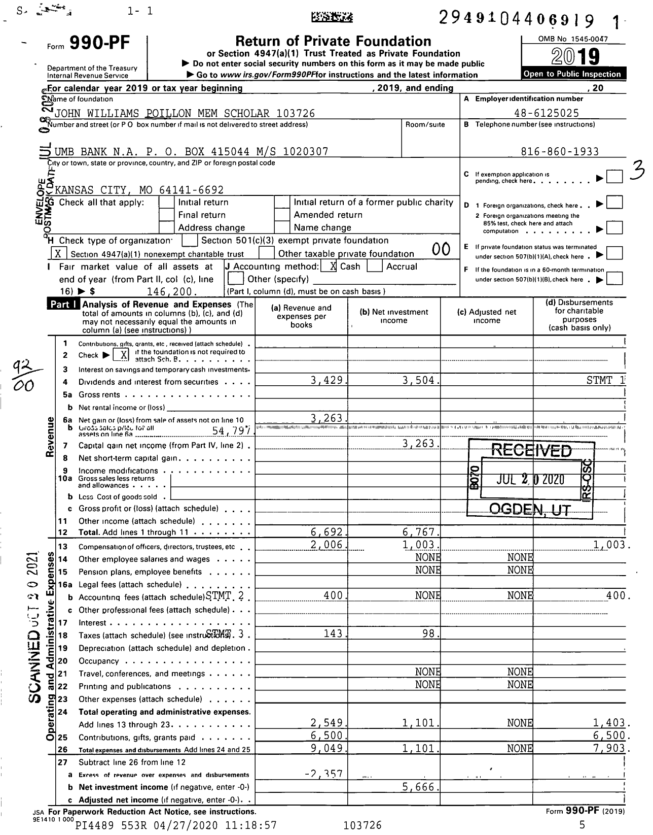 Image of first page of 2019 Form 990PF for John Williams Poillon Mem Scholar 10372600