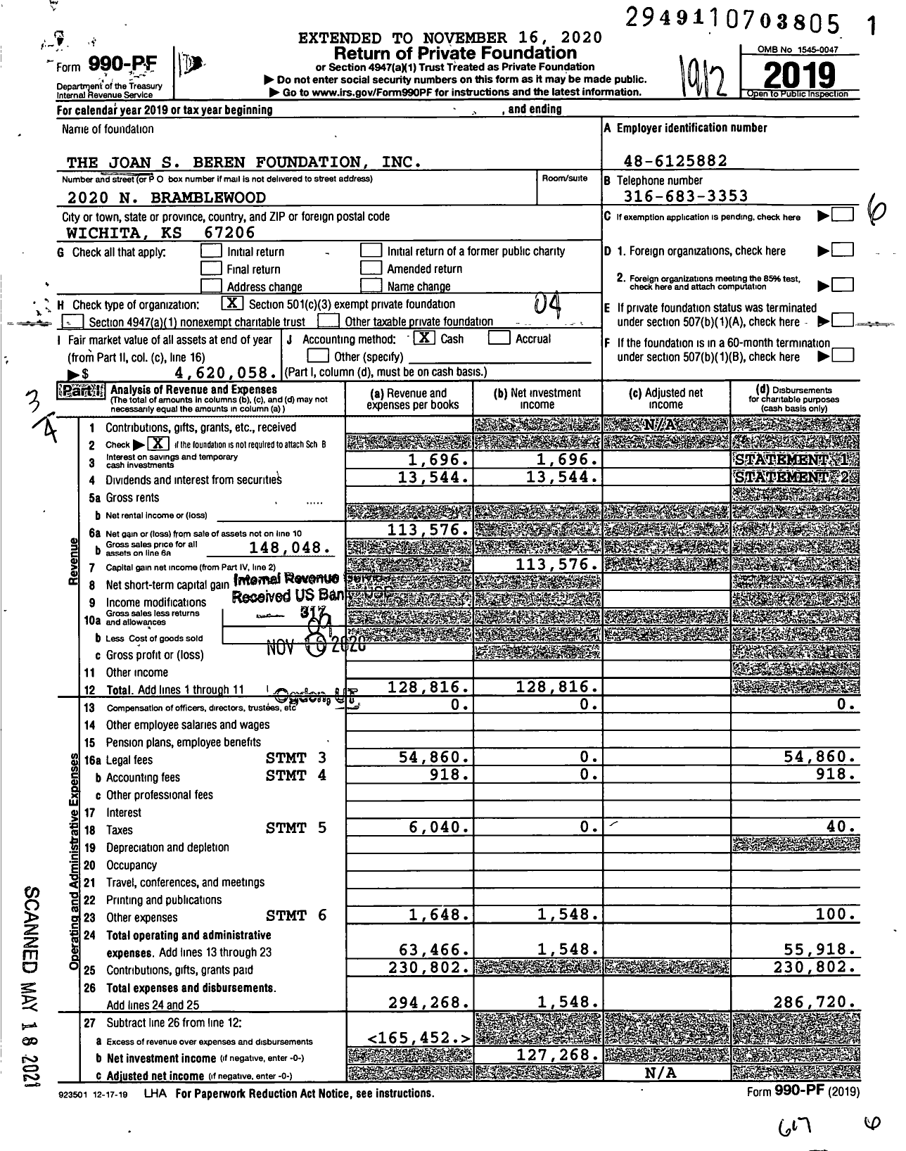 Image of first page of 2019 Form 990PF for The Joan S Beren Foundation