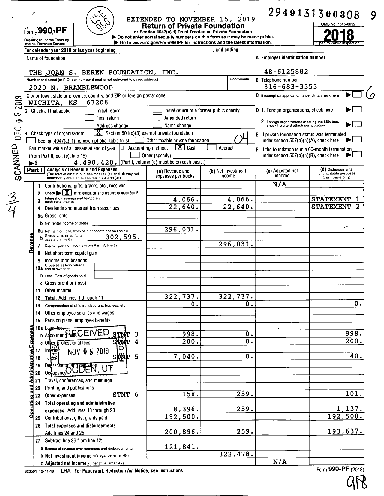 Image of first page of 2018 Form 990PF for The Joan S Beren Foundation