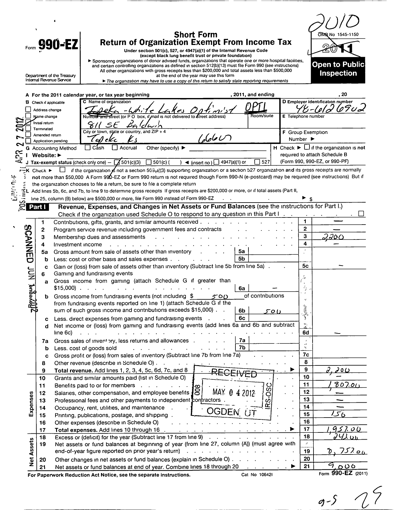 Image of first page of 2010 Form 990EZ for Optimist International - 37280 Oc of Topeka-White Lakes KS