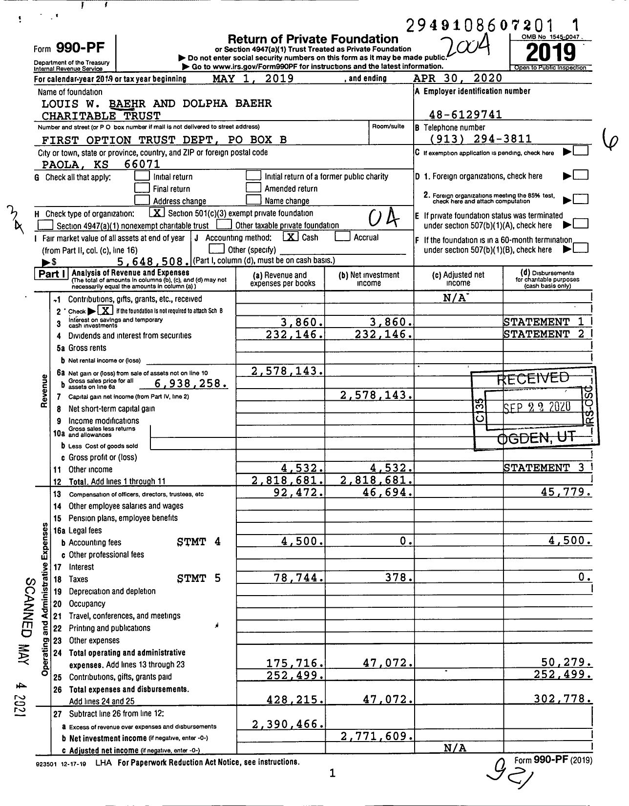 Image of first page of 2019 Form 990PF for Louis W Baehr and Dolpha Baehr Charitable Trust