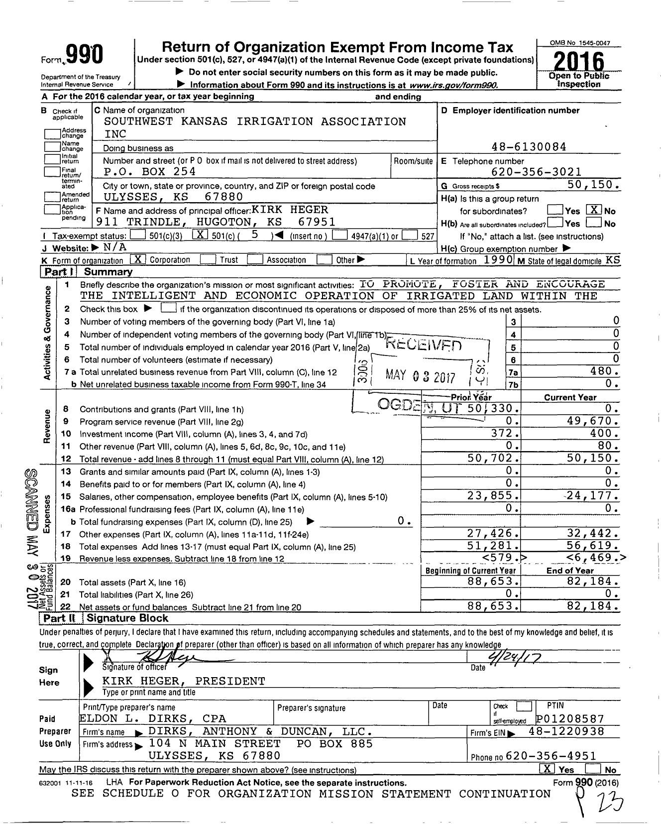 Image of first page of 2016 Form 990O for Southwest Kansas Irrigation Association