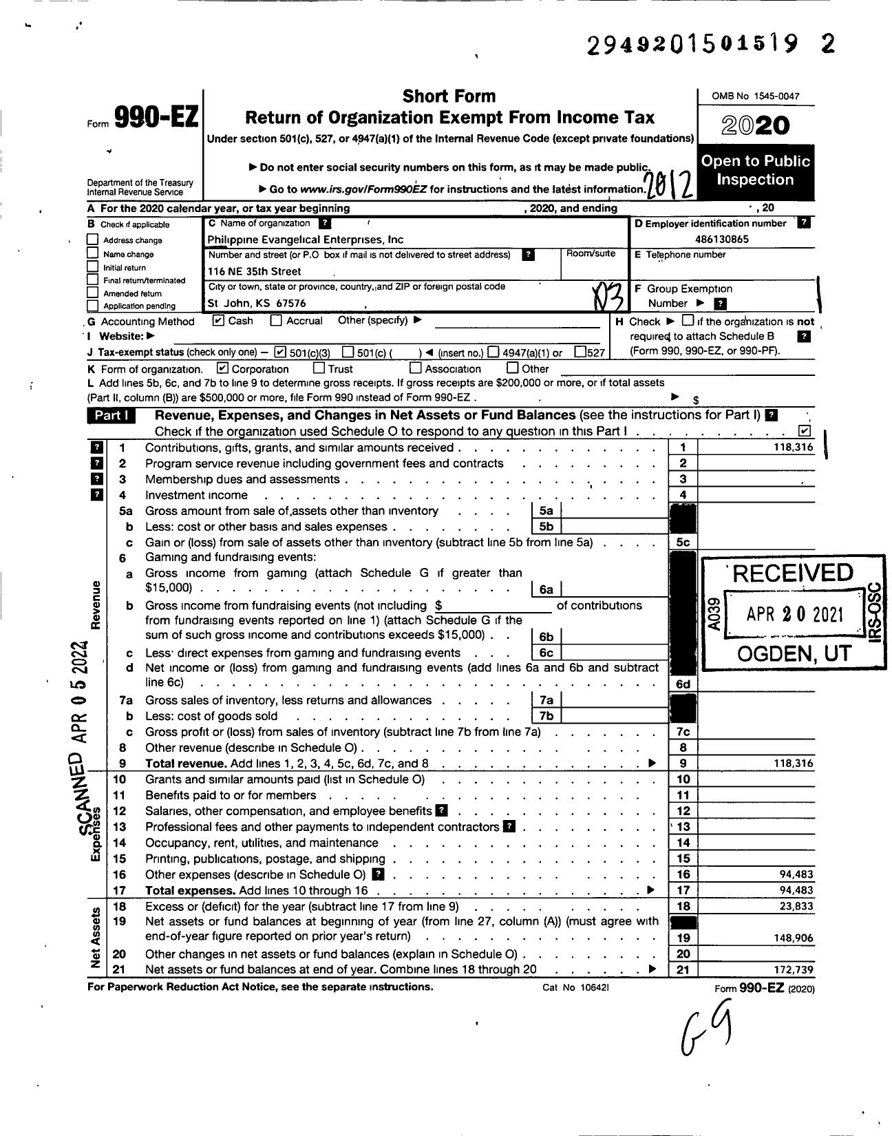 Image of first page of 2020 Form 990EZ for Philippine Evangelical Enterprises