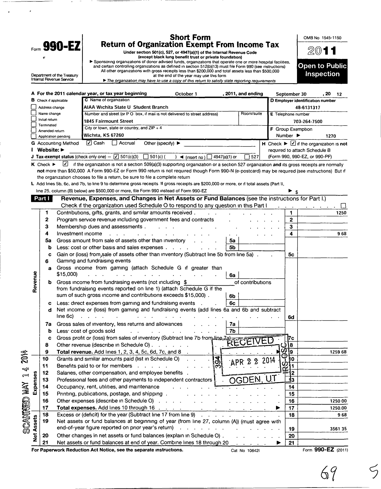 Image of first page of 2011 Form 990EZ for American Institute of Aeronautics and Astronautics / Wichita State U Student Branch