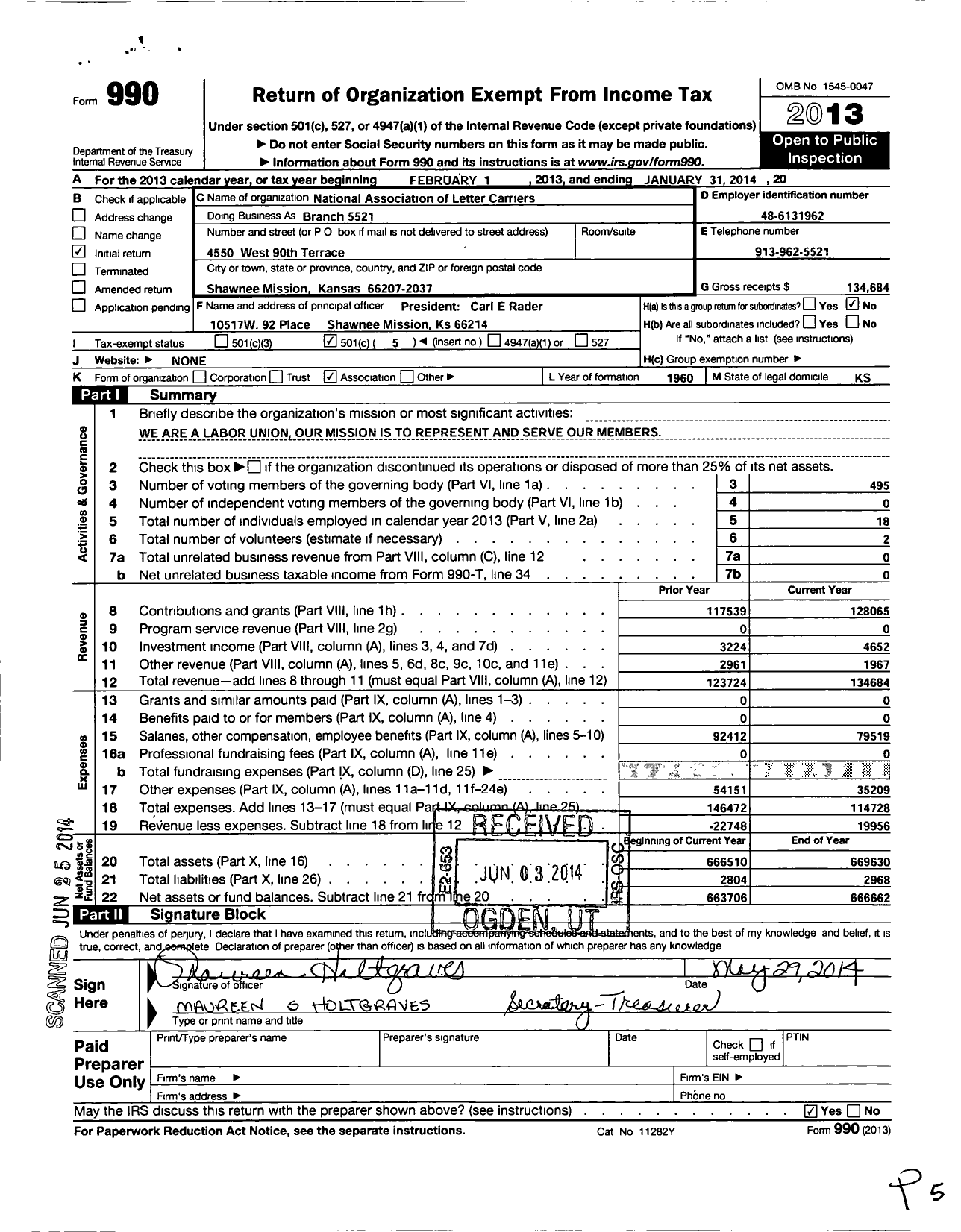 Image of first page of 2013 Form 990O for National Association of Letter Carriers Branch 5521