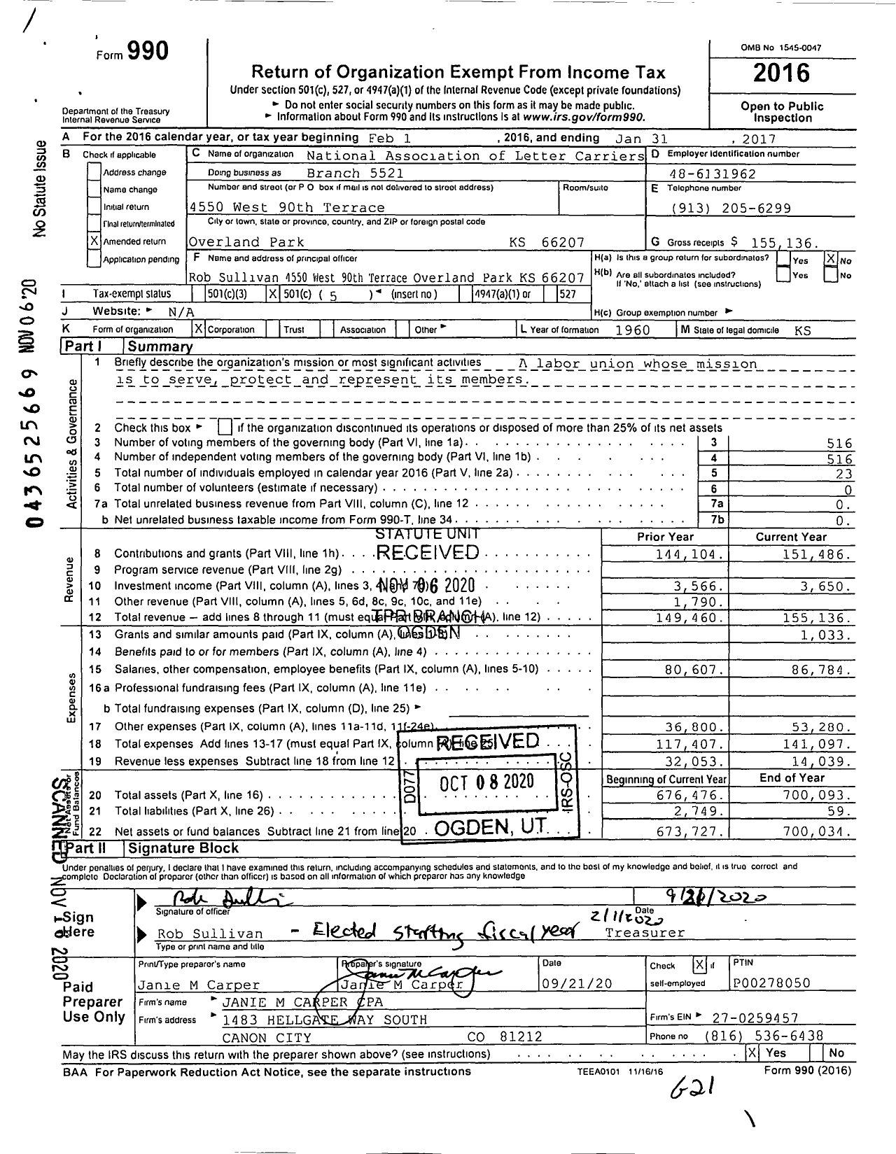 Image of first page of 2016 Form 990OA for National Association of Letter Carriers Branch 5521