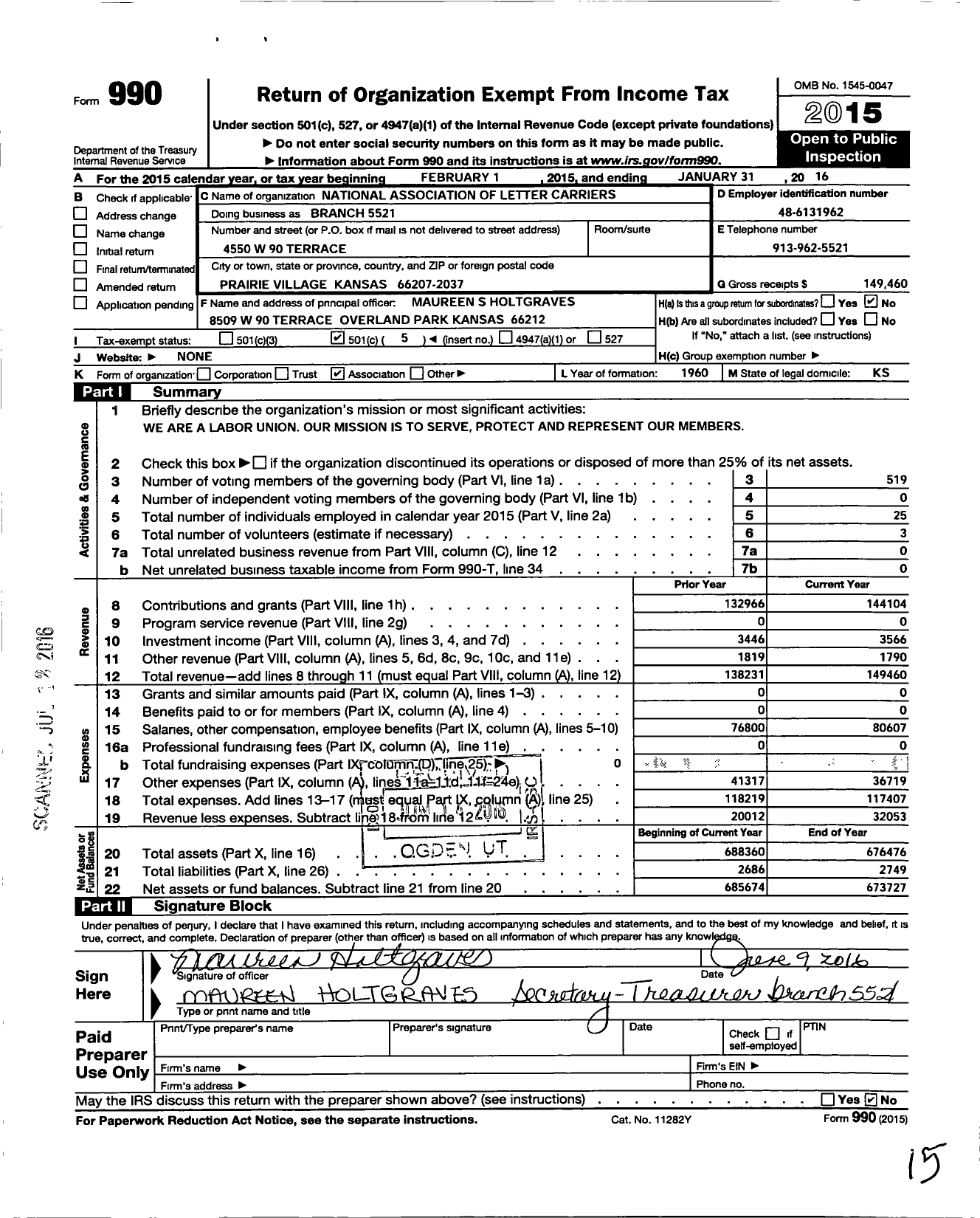 Image of first page of 2015 Form 990O for National Association of Letter Carriers Branch 5521