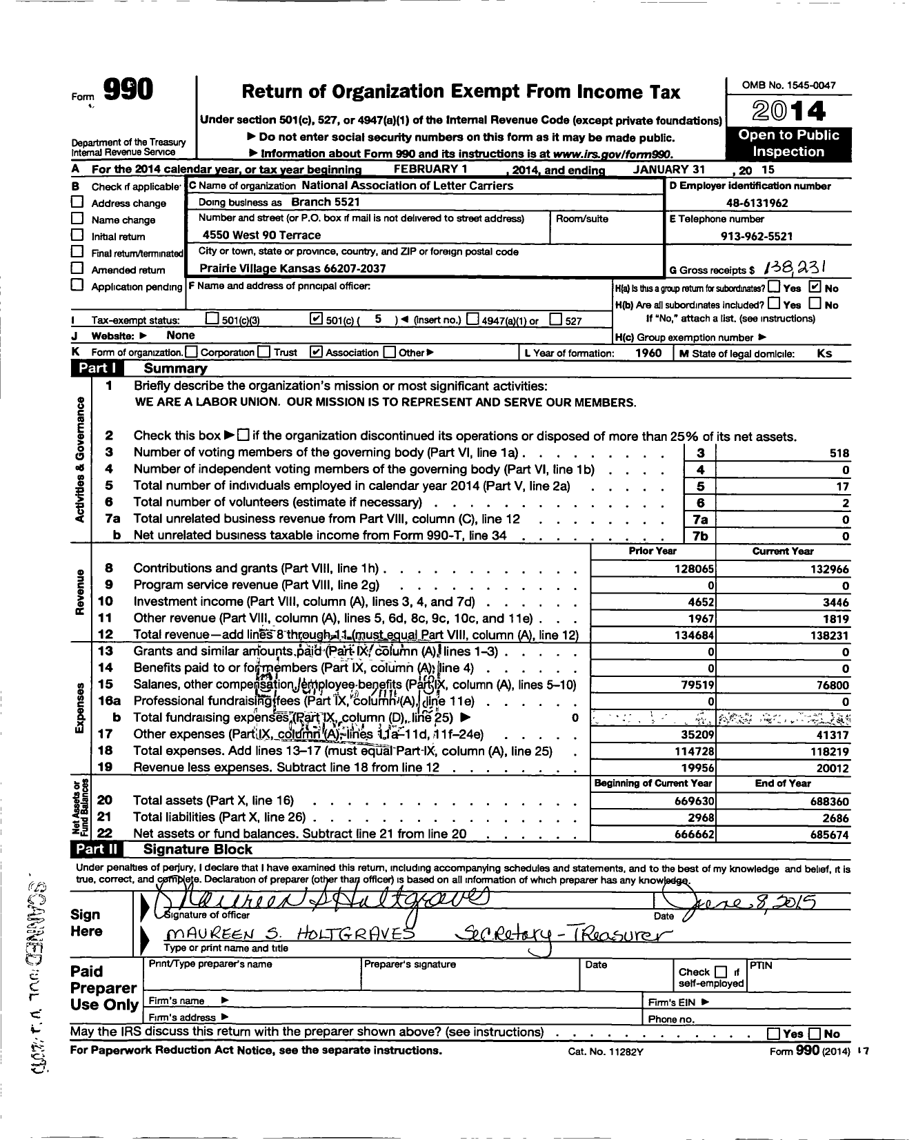 Image of first page of 2014 Form 990O for National Association of Letter Carriers Branch 5521