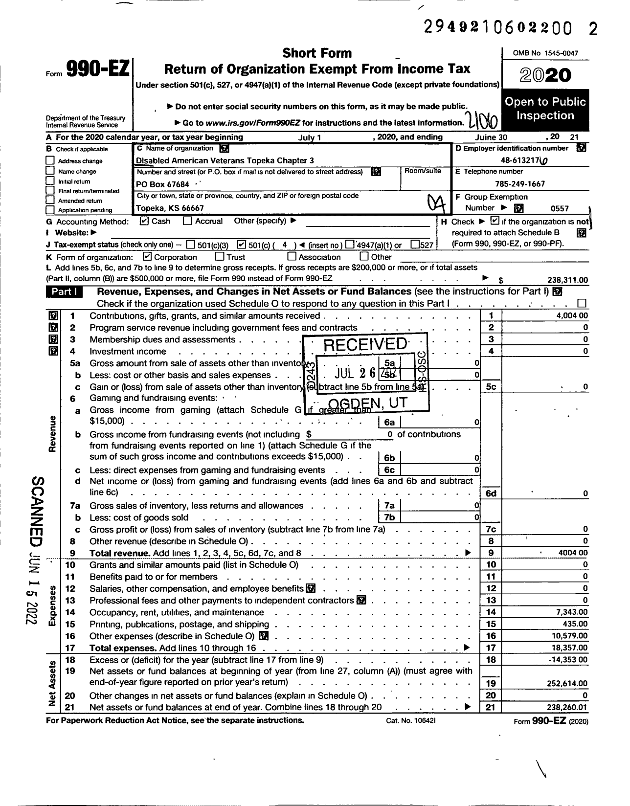 Image of first page of 2020 Form 990EO for Disabled American Veterans - 3 Topeka