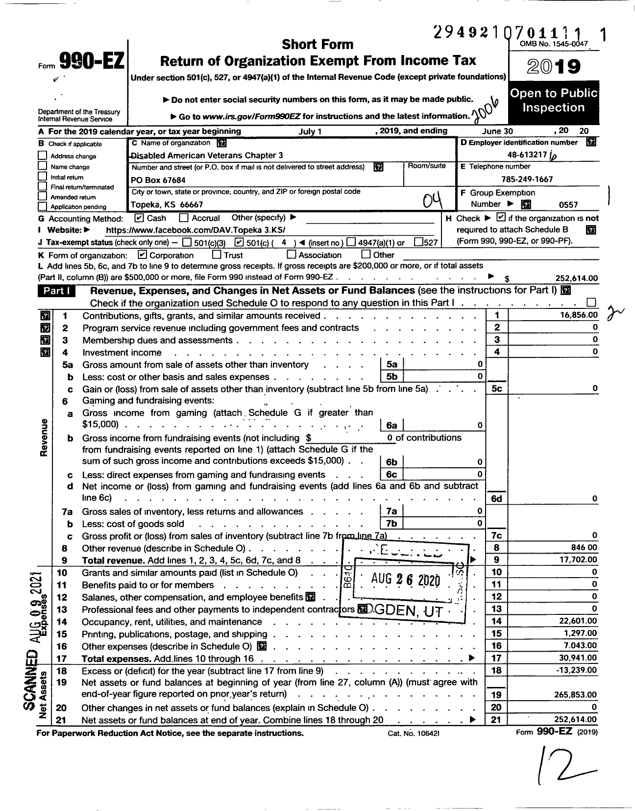 Image of first page of 2019 Form 990EO for Disabled American Veterans - 3 Topeka