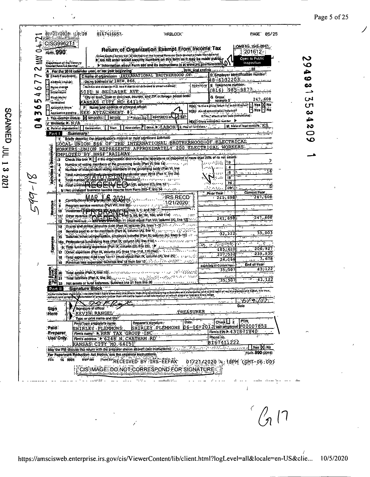 Image of first page of 2016 Form 990 for International Brotherhood of Electrical Workers Local 866