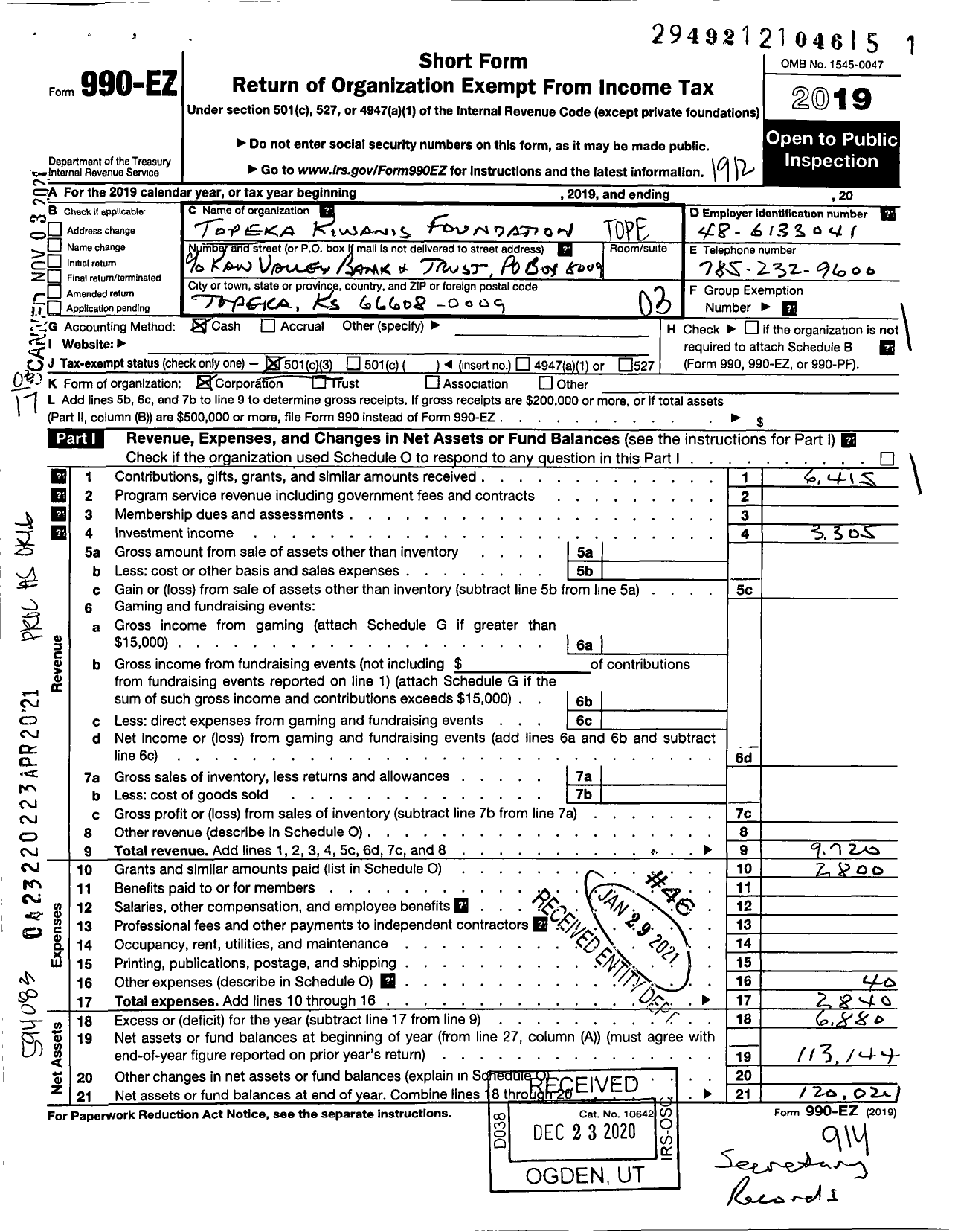 Image of first page of 2019 Form 990EZ for Topeka Kiwanis Foundation