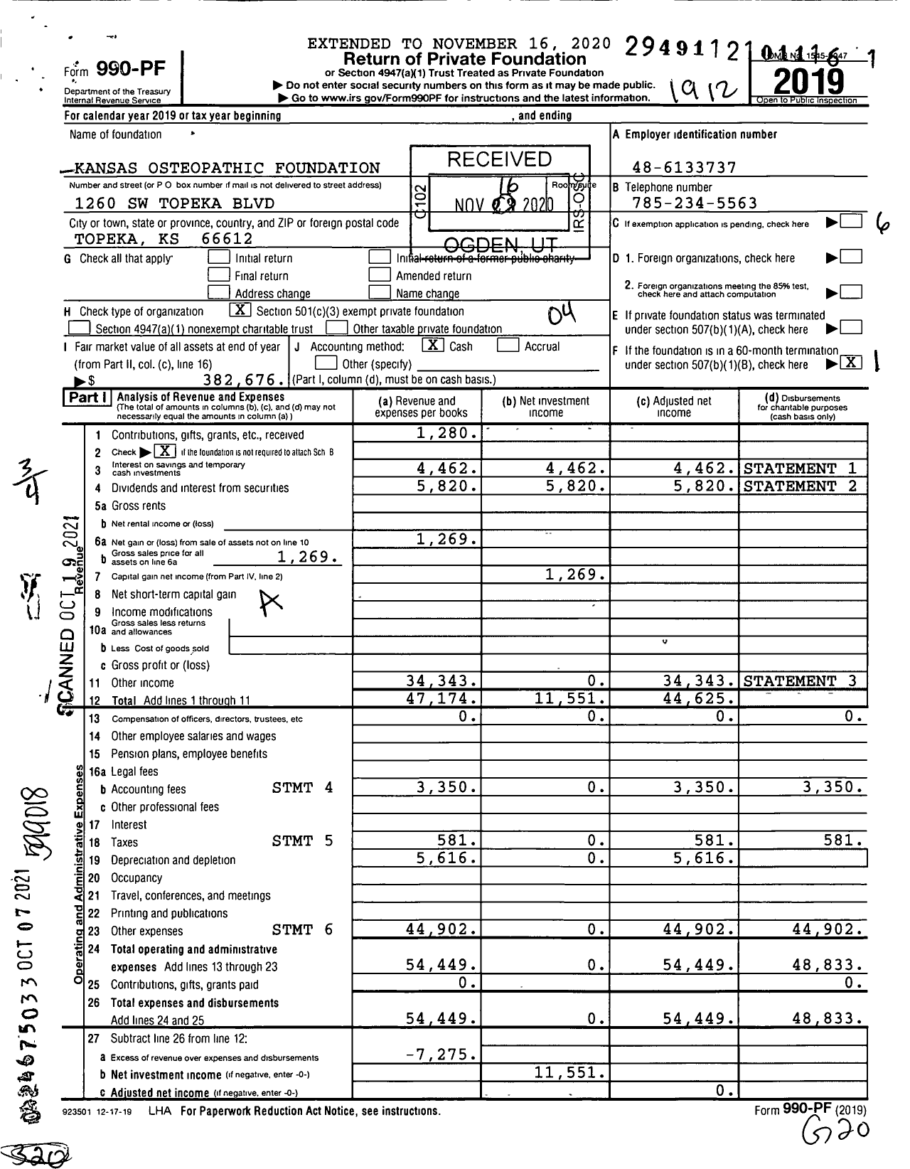 Image of first page of 2019 Form 990PF for Kansas Osteopathic Foundation