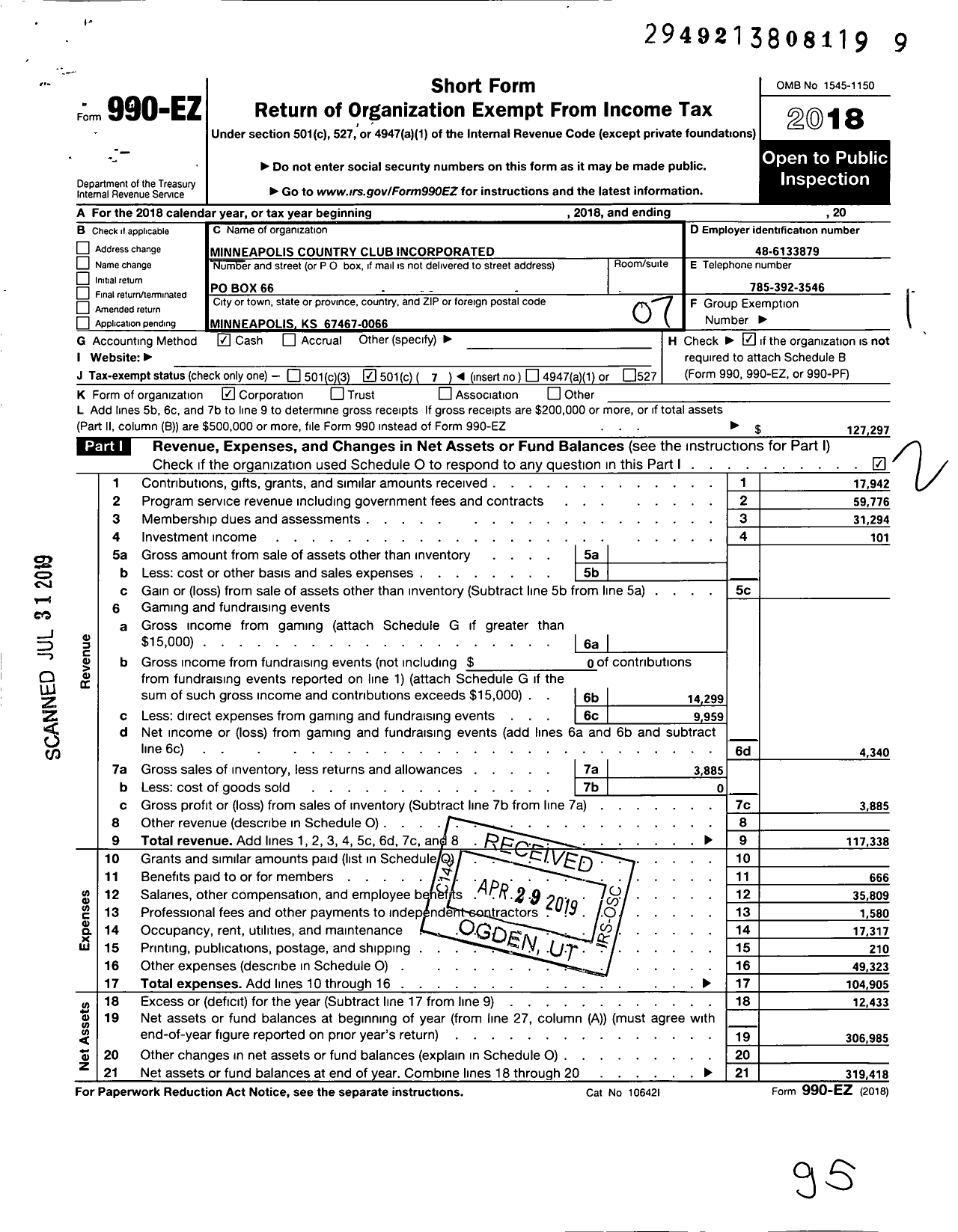 Image of first page of 2018 Form 990EO for Minneapolis Country Club