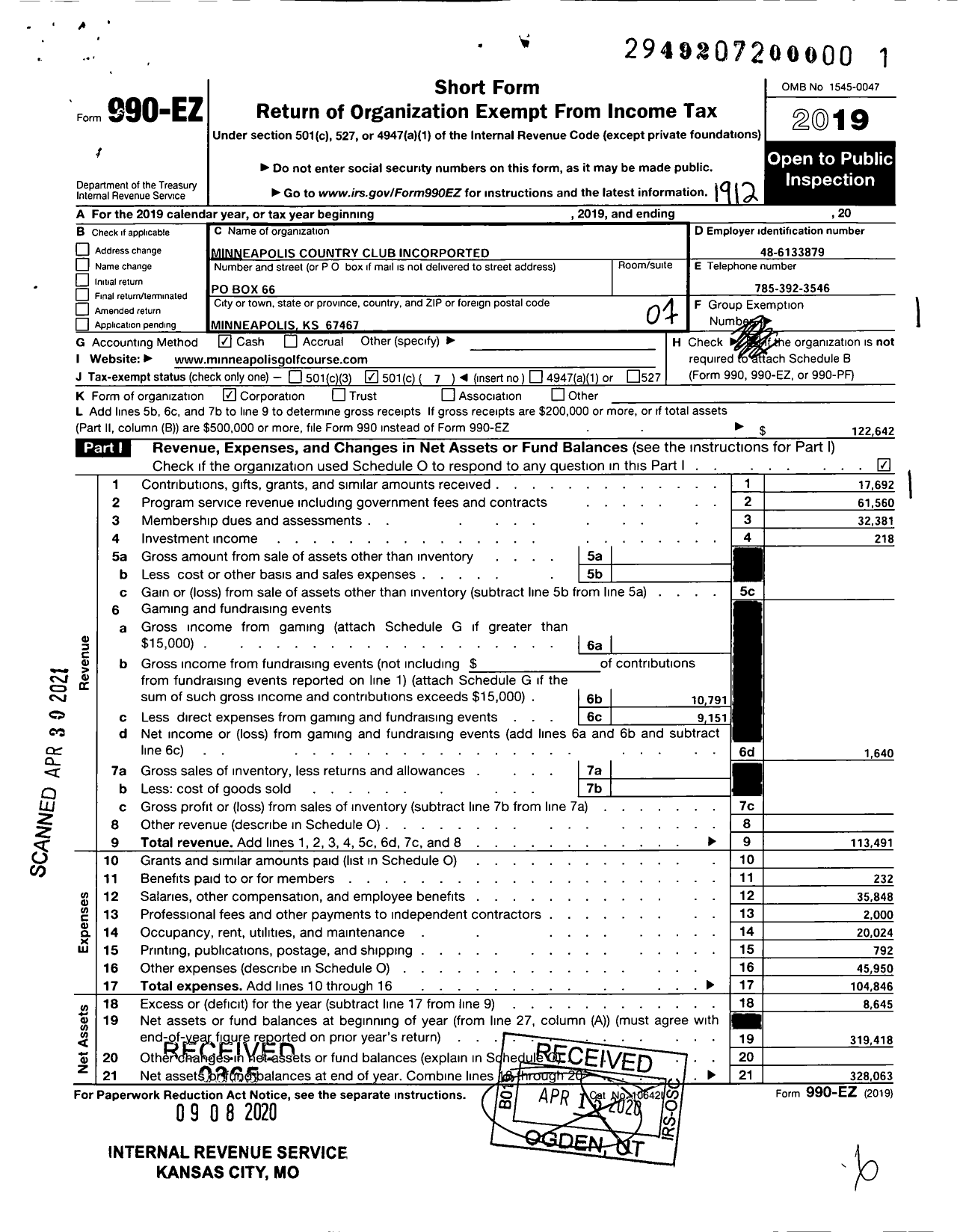 Image of first page of 2019 Form 990EO for Minneapolis Country Club Incorporated