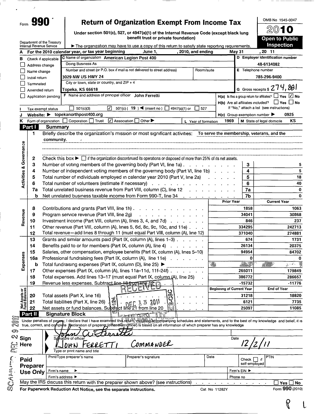 Image of first page of 2010 Form 990O for American Legion Post 400 / 400 Topeka North