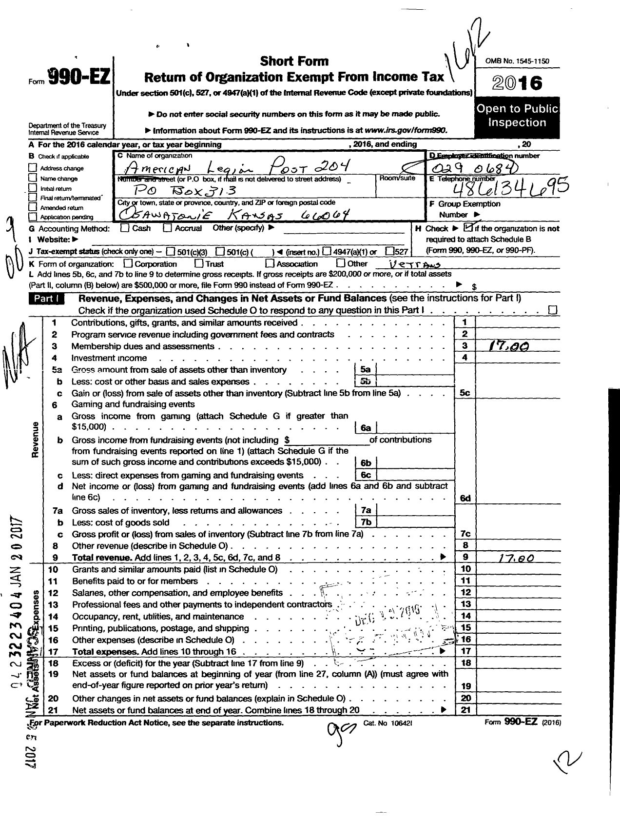 Image of first page of 2016 Form 990EO for American Legion - 204 Hinkle