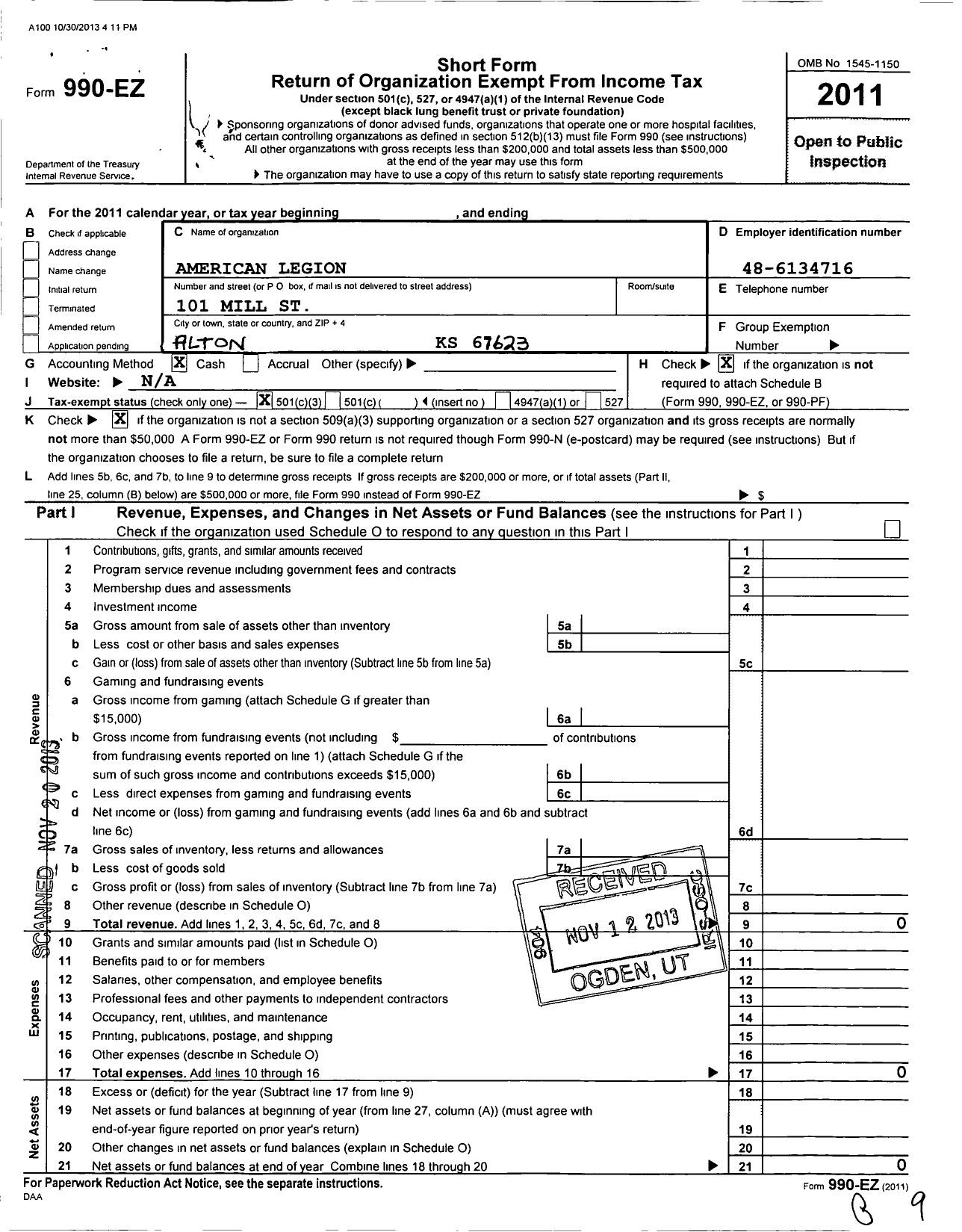 Image of first page of 2011 Form 990EZ for American Legion - 87 Evert Storer