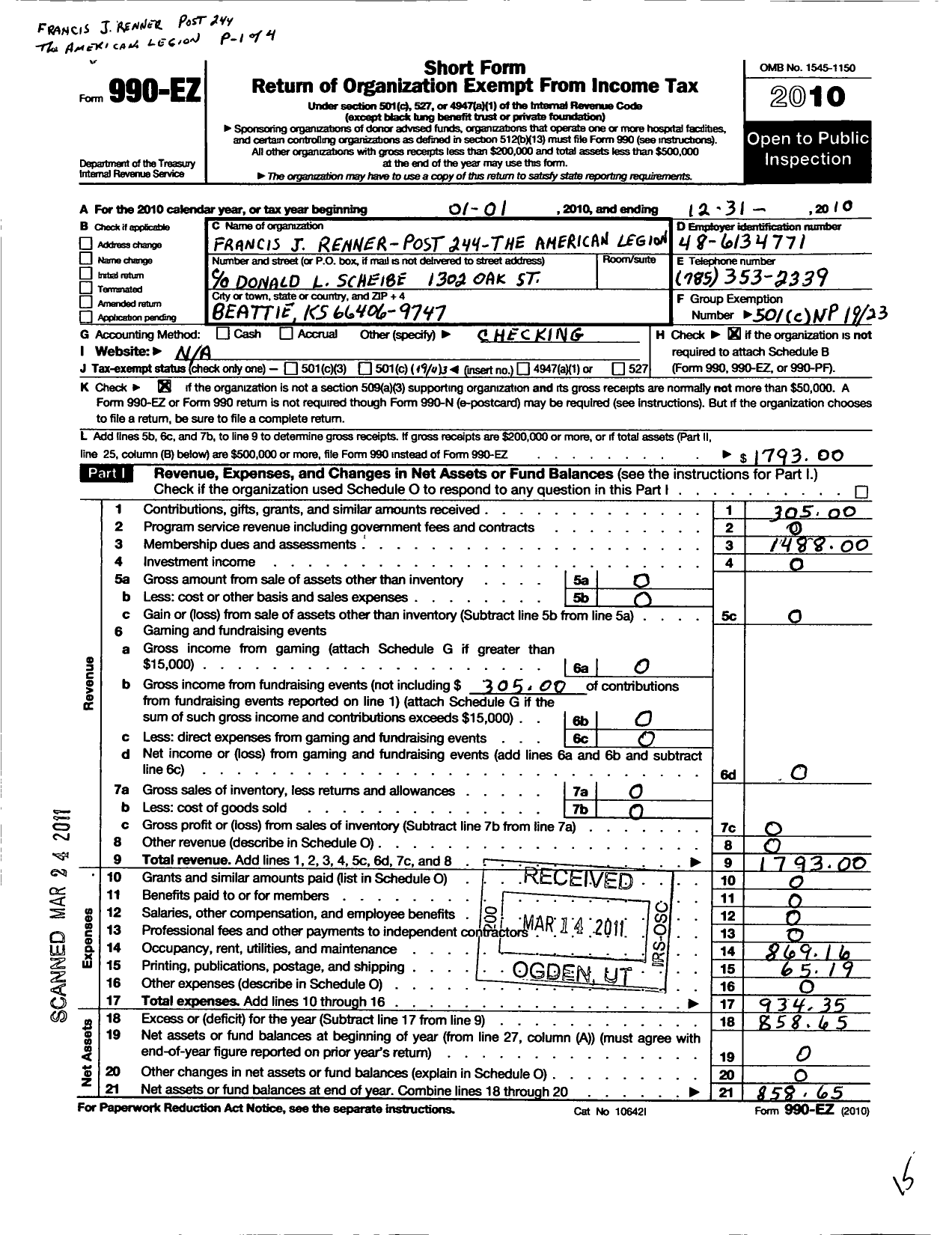 Image of first page of 2010 Form 990EO for American Legion - 244 Francis J Renner