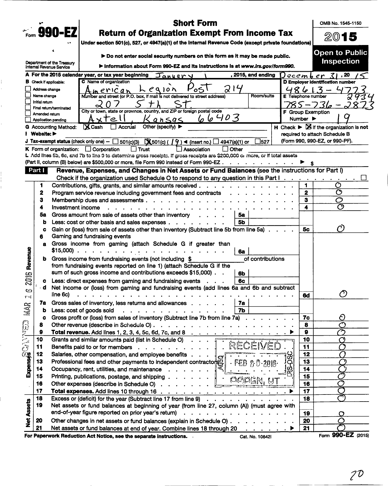 Image of first page of 2015 Form 990EO for American Legion Post 214