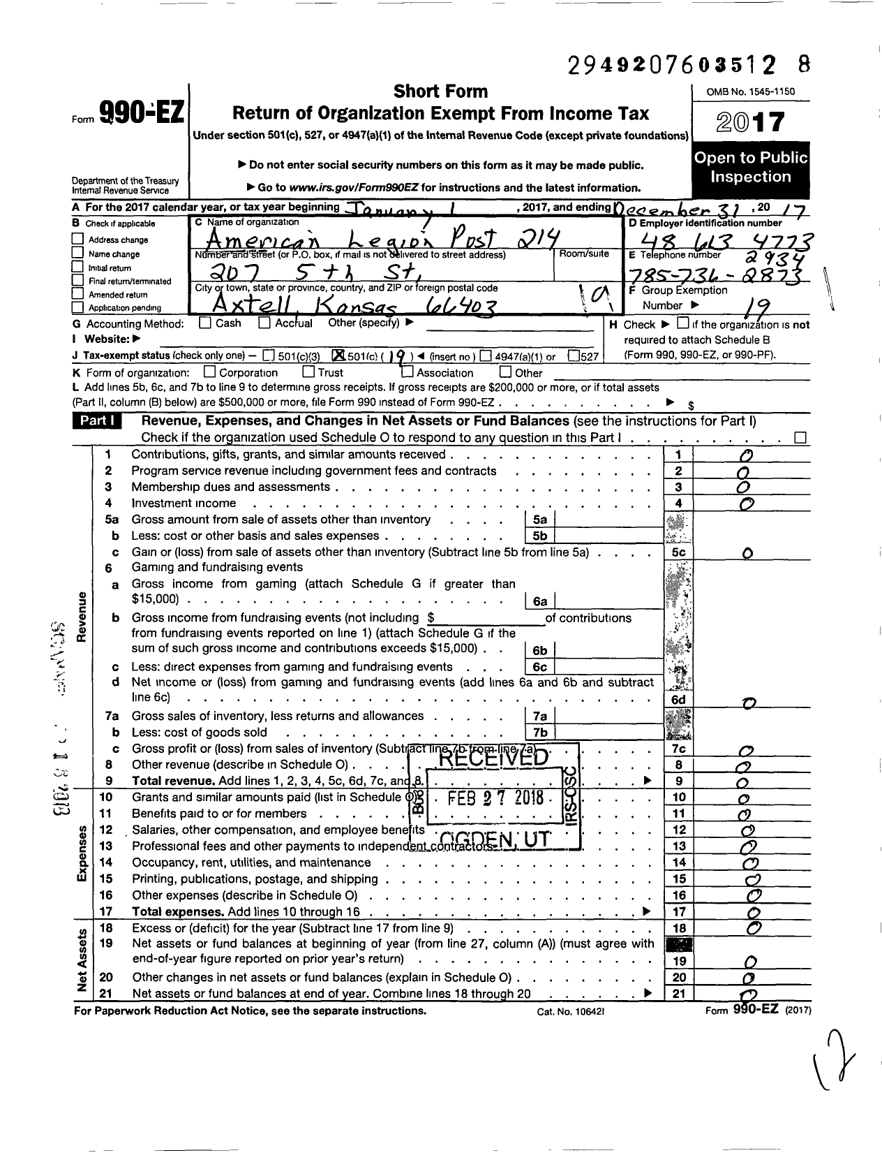 Image of first page of 2017 Form 990EO for American Legion - 214 R R Hendricks